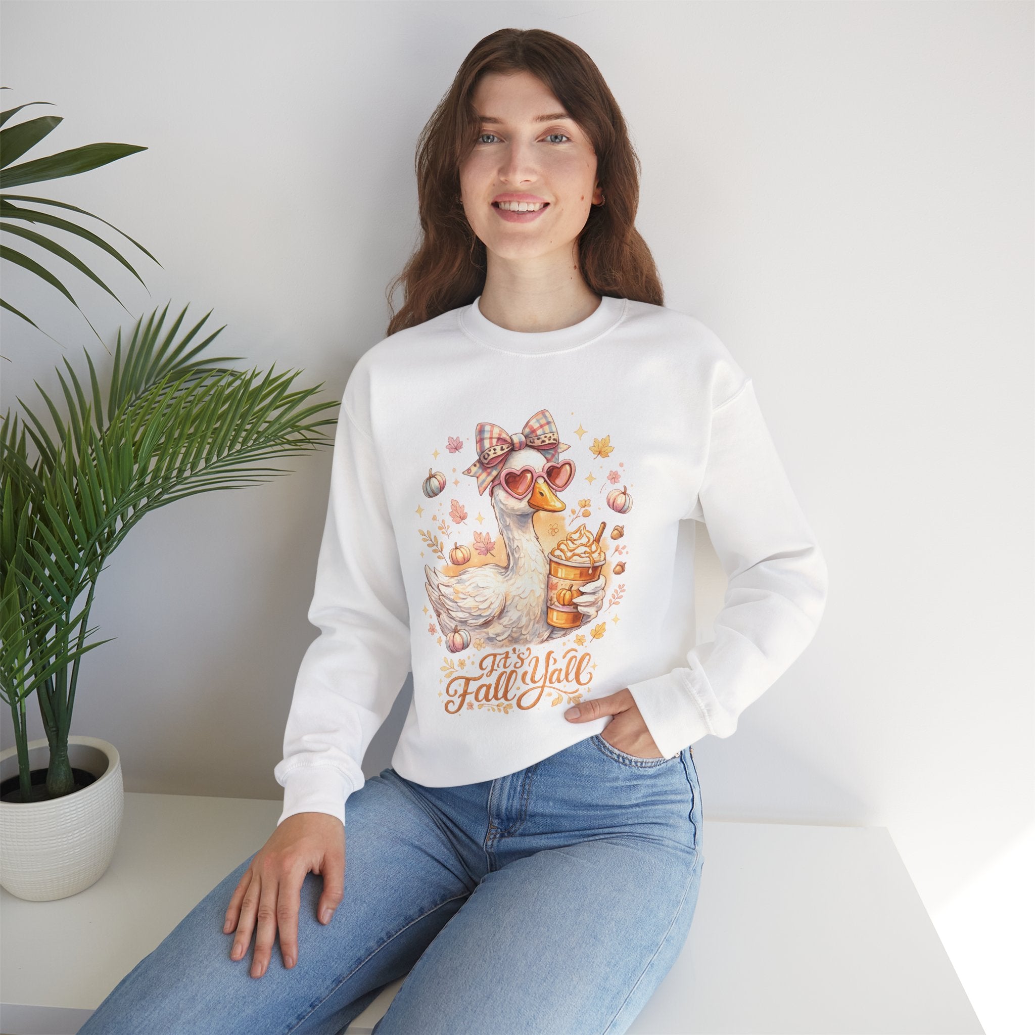 Fall Y'all Duck Crewneck Sweatshirt — Cute Autumn Goose with Pumpkin Spice Cup
