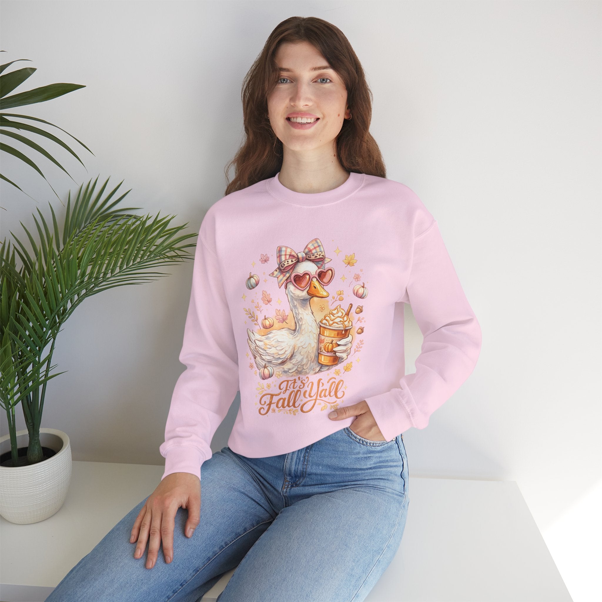 Fall Y'all Duck Crewneck Sweatshirt — Cute Autumn Goose with Pumpkin Spice Cup