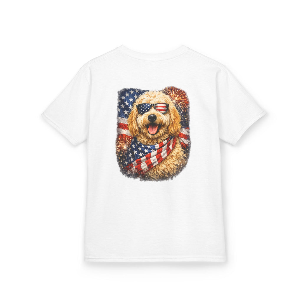 Kids T-Shirt — Patriotic Golden Doodle with American Flag (4th of July, Memorial Day)