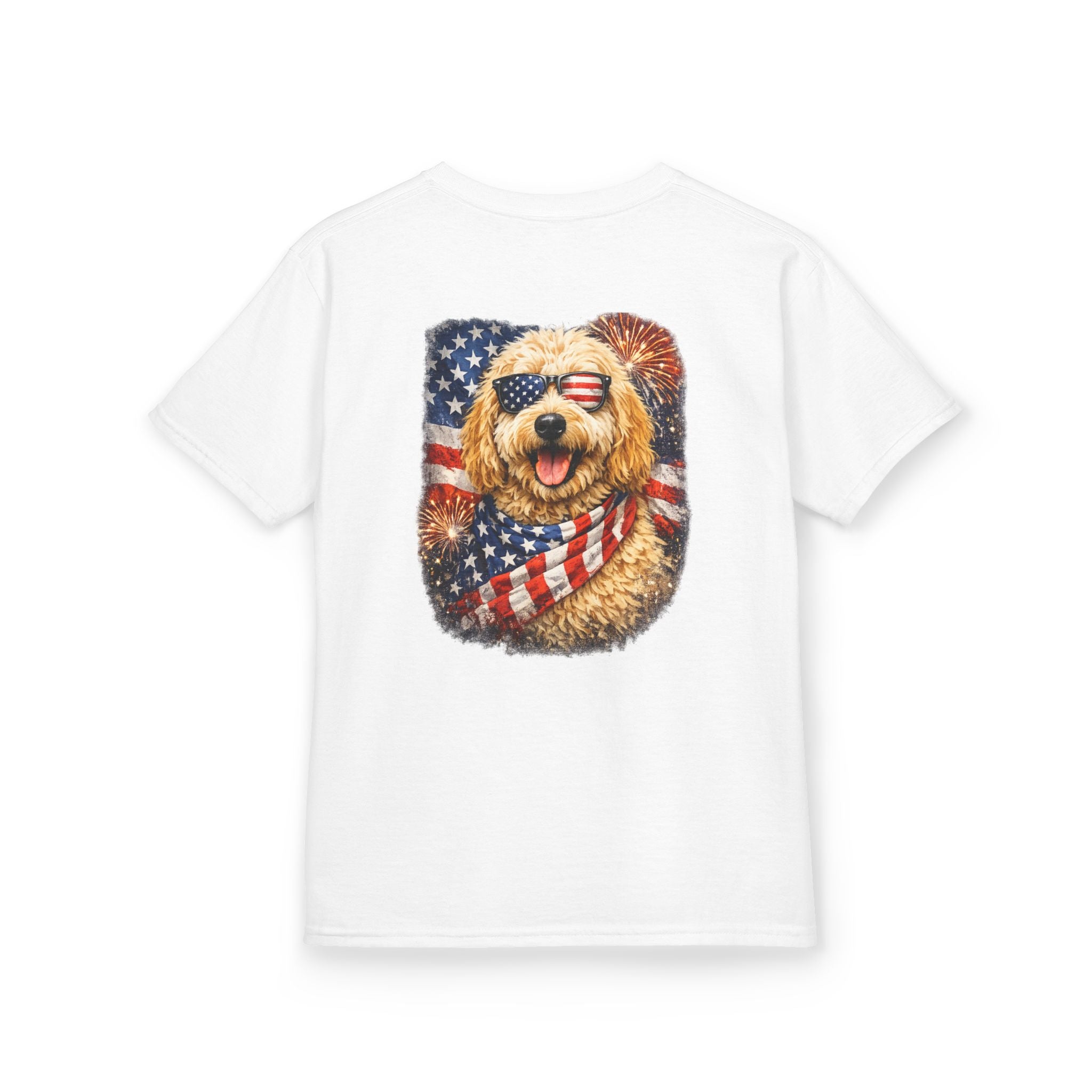 Kids T-Shirt — Patriotic Golden Doodle with American Flag (4th of July, Memorial Day)