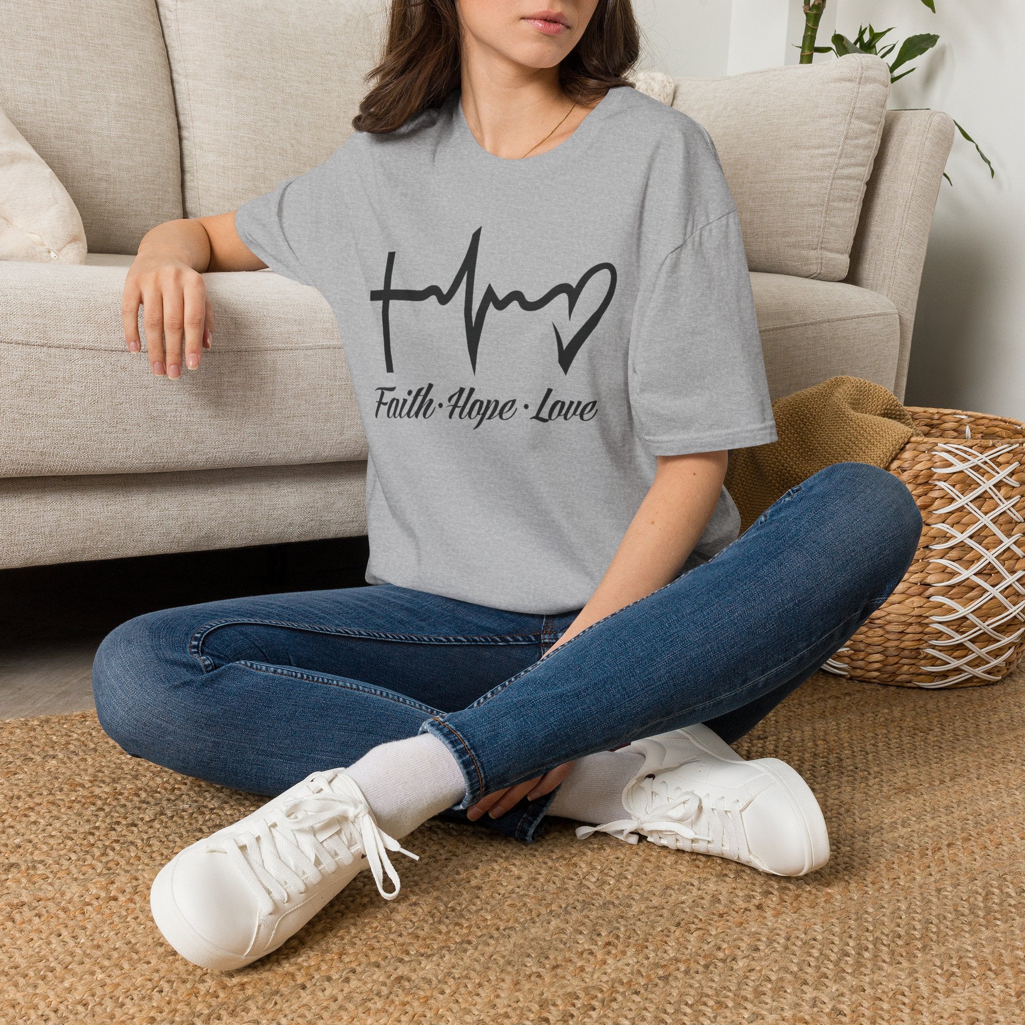 Faith Hope Love T-Shirt — Cross, Heartbeat & Heart Graphic Tee