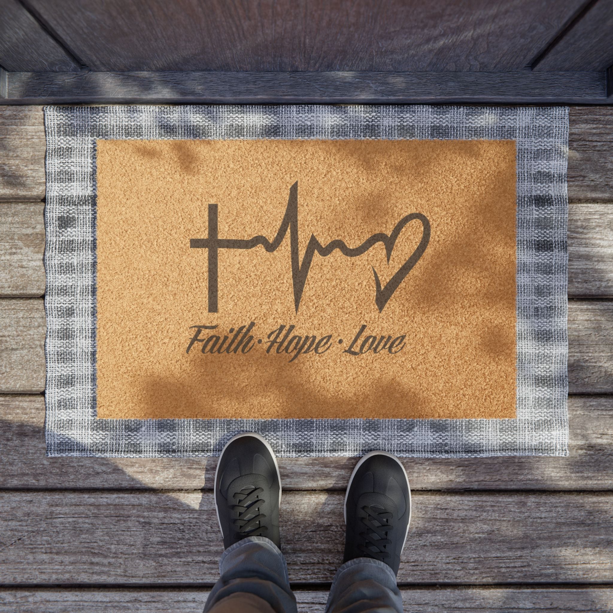 Faith Hope Love Doormat — Christian Cross & Heart Welcome Mat