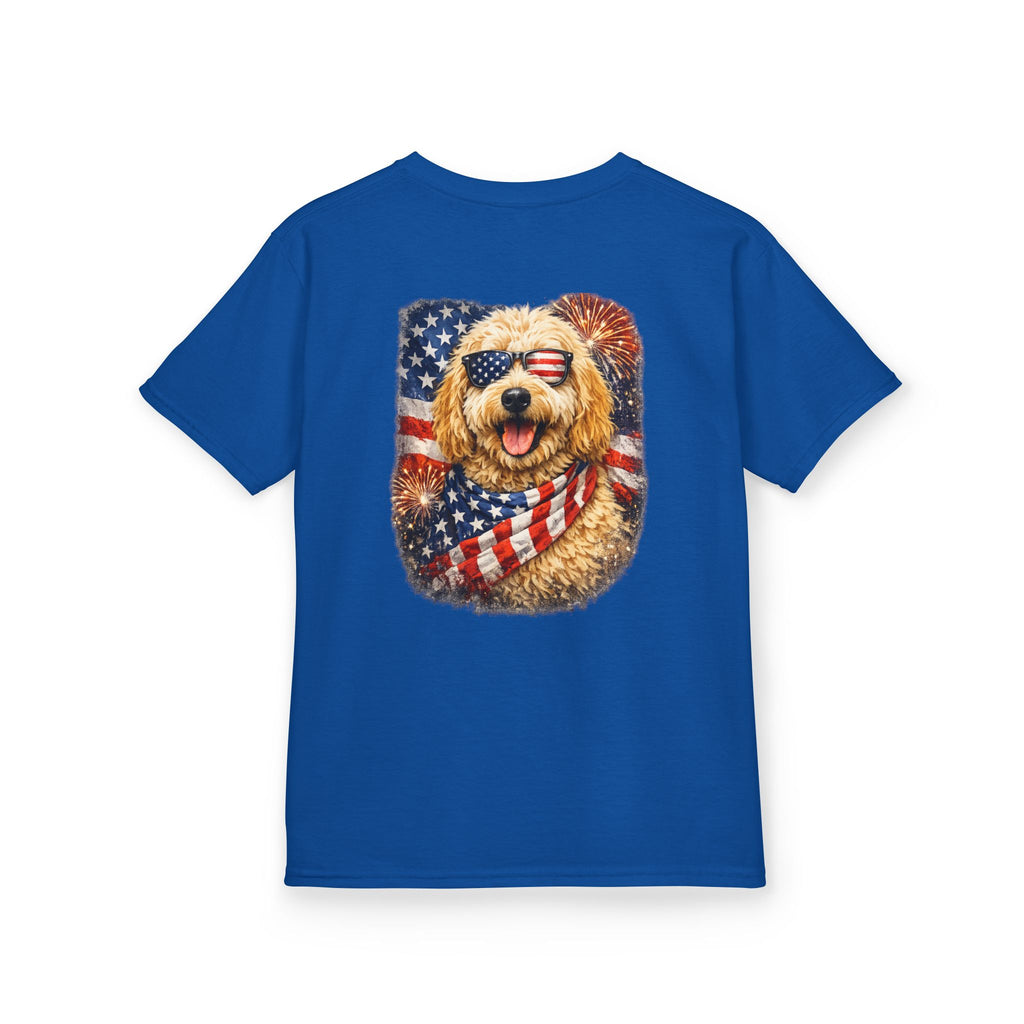 Kids T-Shirt — Patriotic Golden Doodle with American Flag (4th of July, Memorial Day)