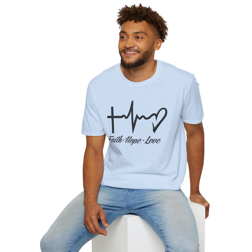 Faith Hope Love T-Shirt — Cross, Heartbeat & Heart Graphic Tee