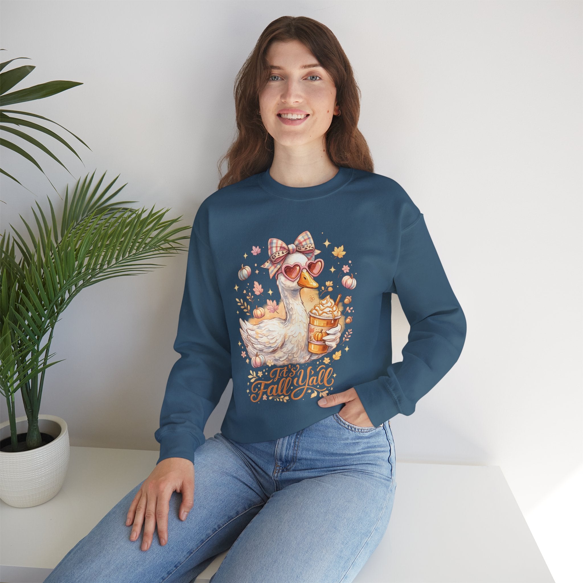 Fall Y'all Duck Crewneck Sweatshirt — Cute Autumn Goose with Pumpkin Spice Cup