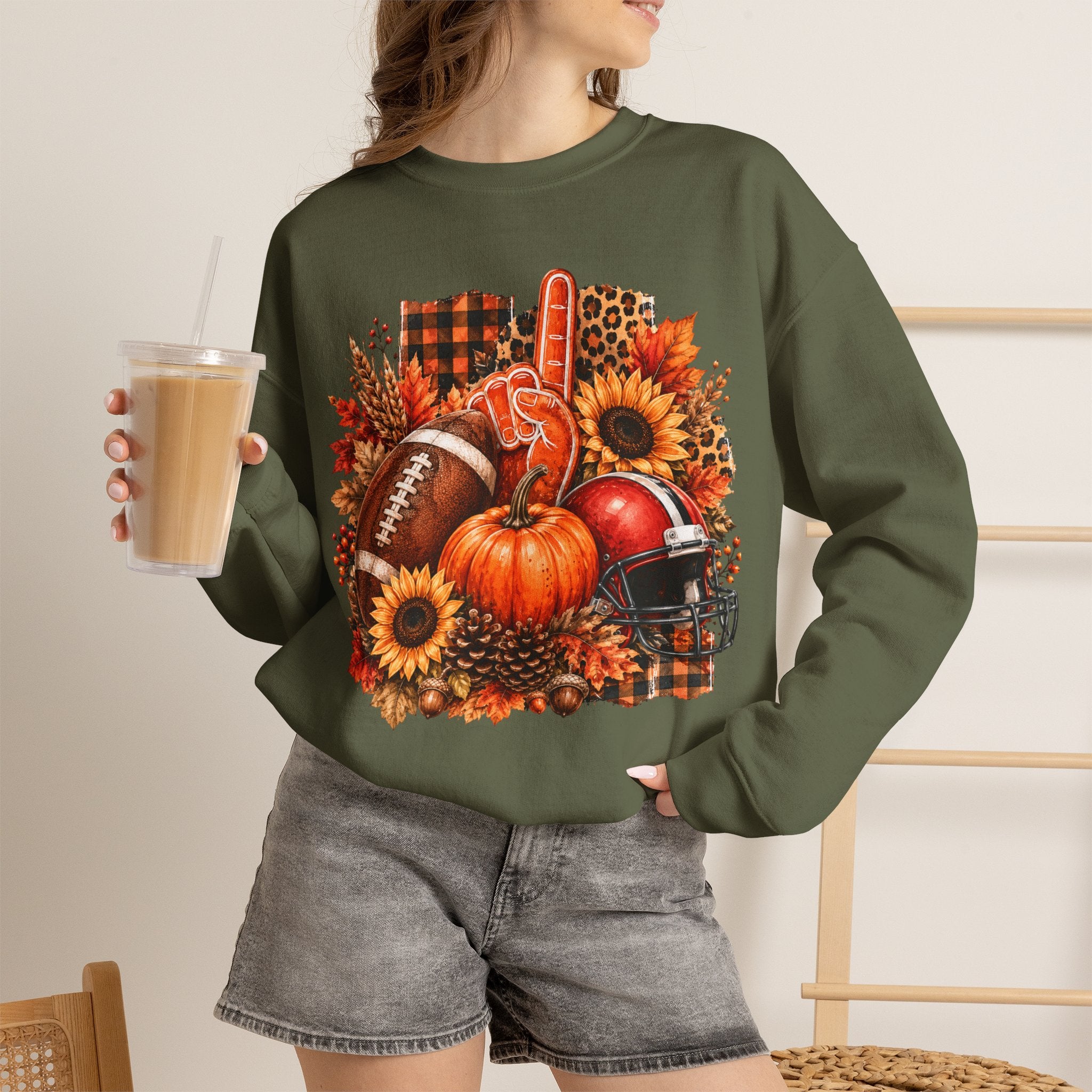 Fall Football Decor Sweatshirt – Pumpkin, Sunflower & Helmet Autumn Crewneck
