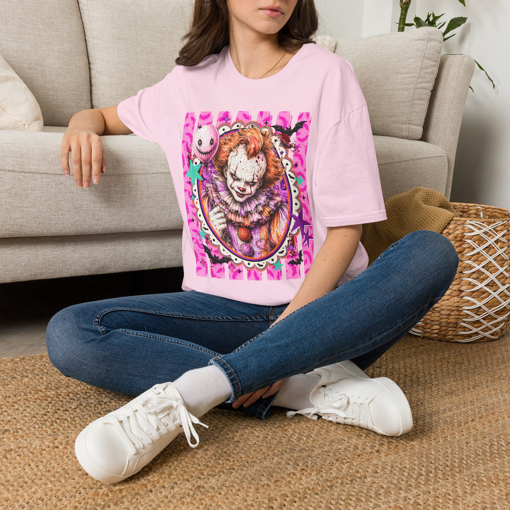 Creepy Clown Graphic T‑Shirt — Pink Horror Balloon Design