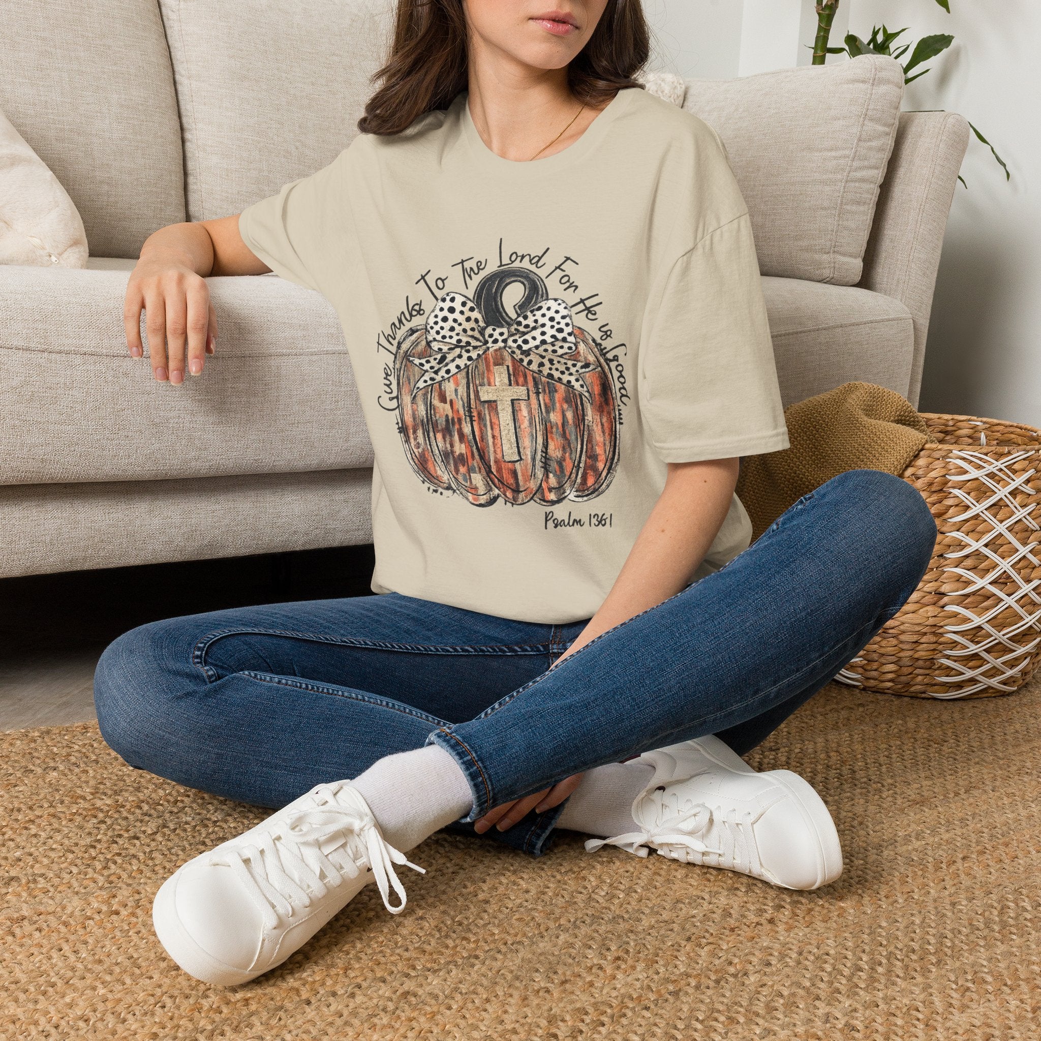 Christian Pumpkin T-Shirt — "Give Thanks to The Lord For He is Good" Fall Faith Tee