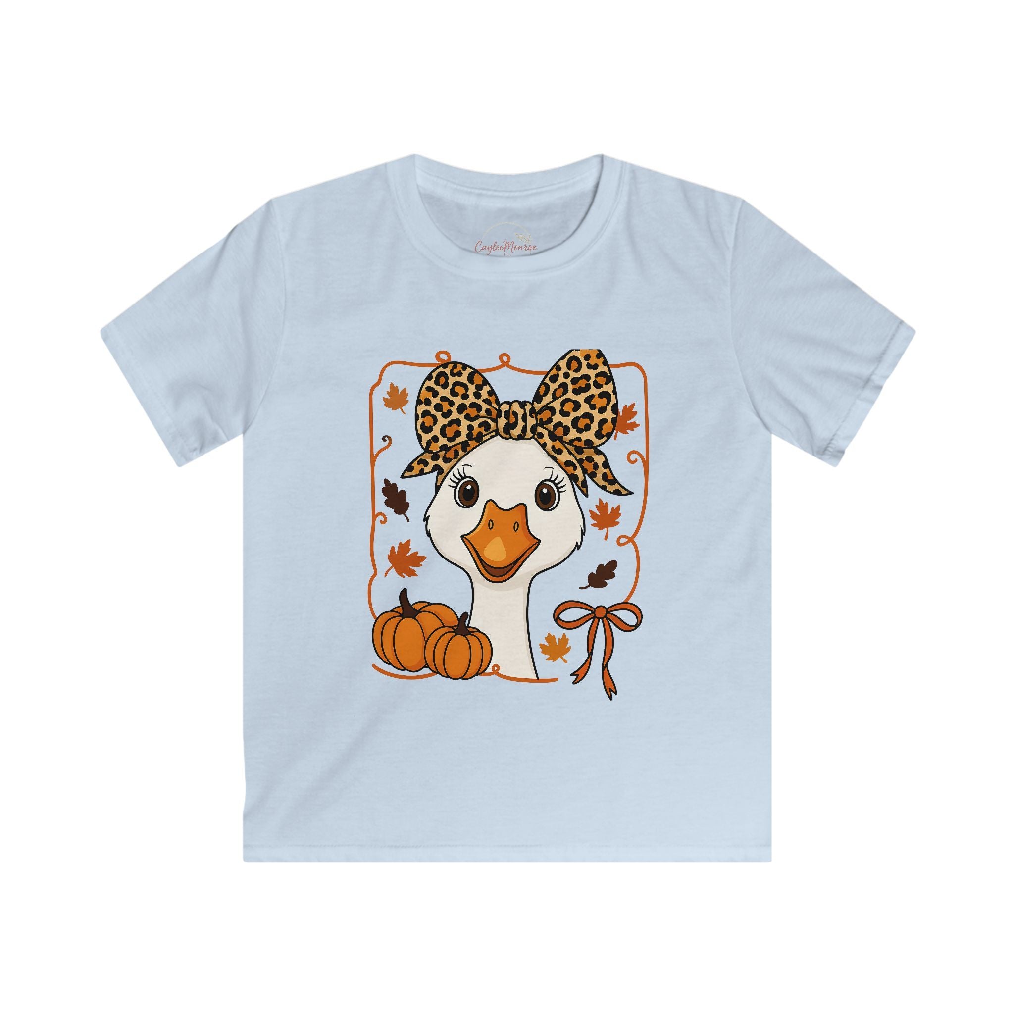 Kids Tee — Cute Goose with Leopard Bow & Pumpkins Fall Graphic