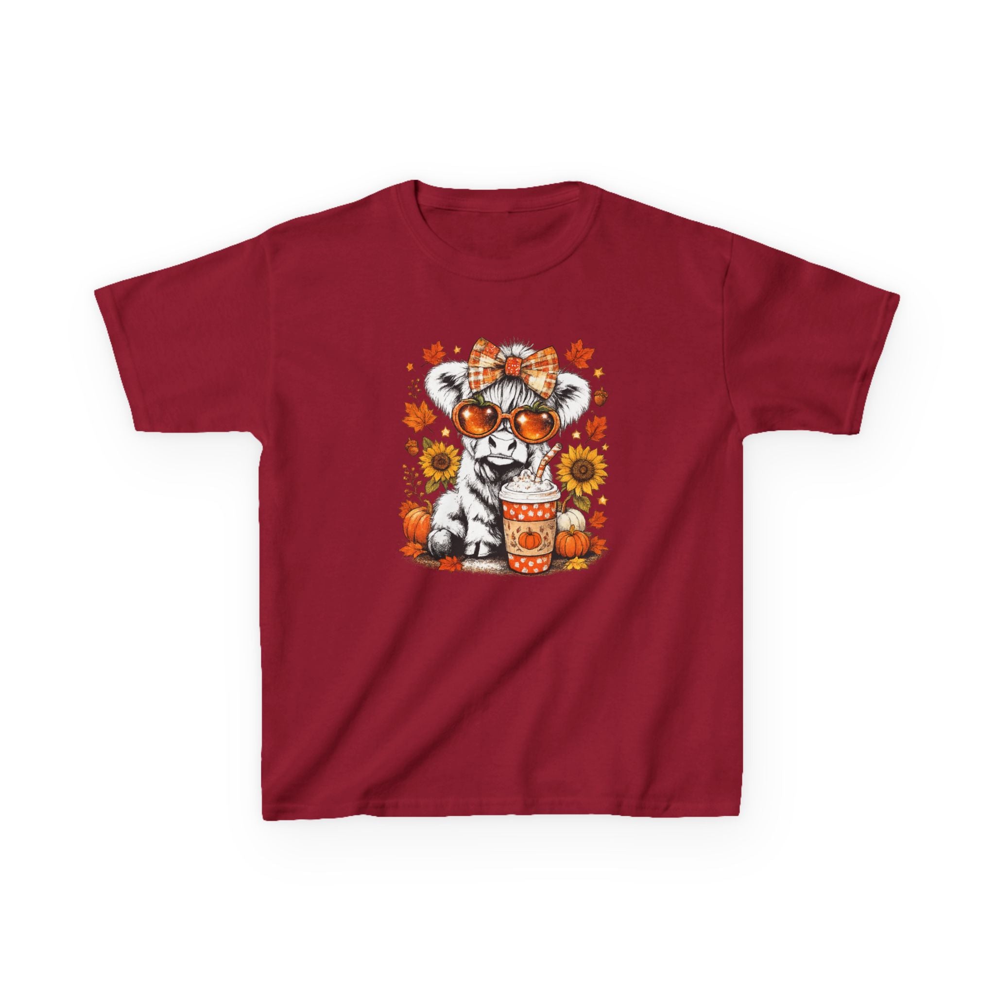 Kids Tee — Autumn Cow with Pumpkin Spice Latte & Sunflowers