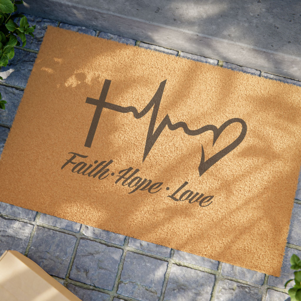 Faith Hope Love Doormat — Christian Cross & Heart Welcome Mat