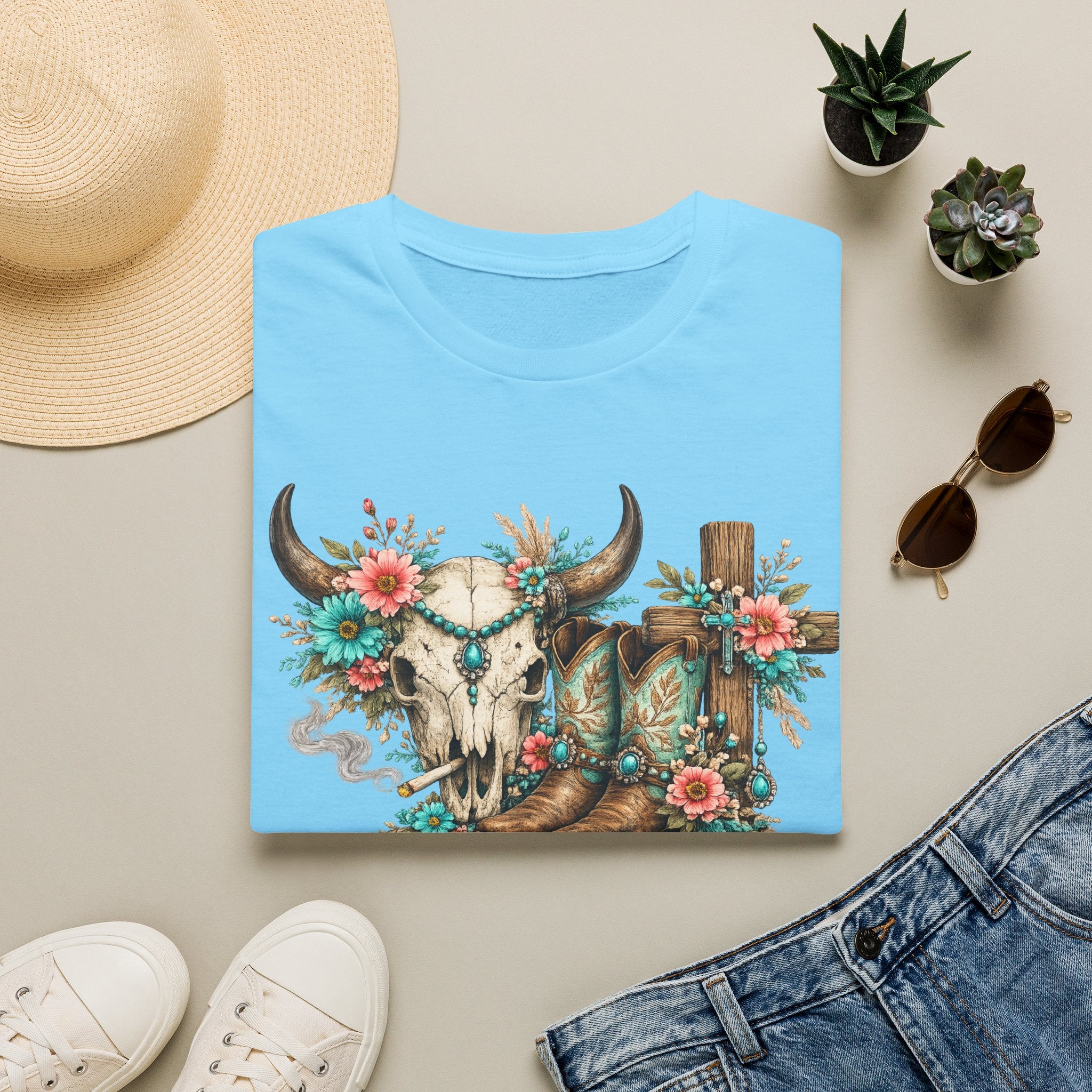 Western Cow Skull Floral T-Shirt — Boho Southwestern Tee