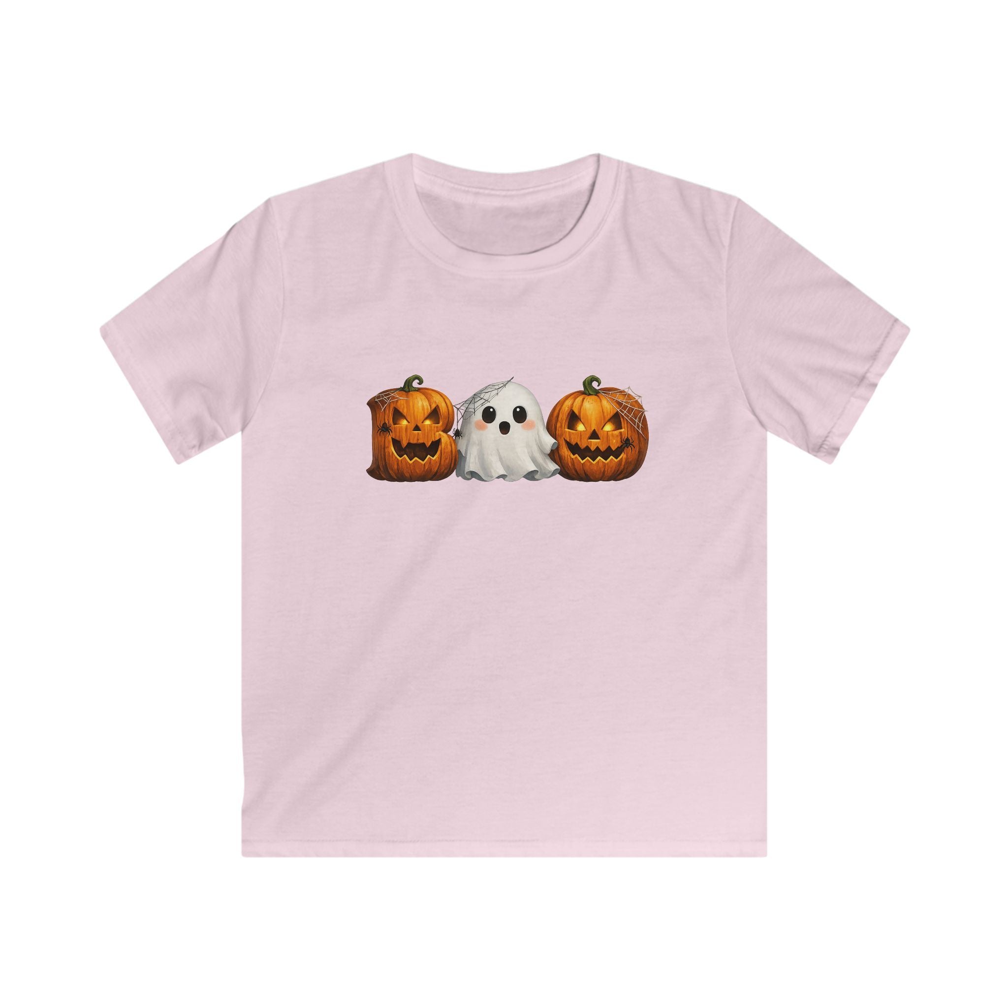 Kids Halloween Tee — Ghost Between Jack-O’-Lanterns