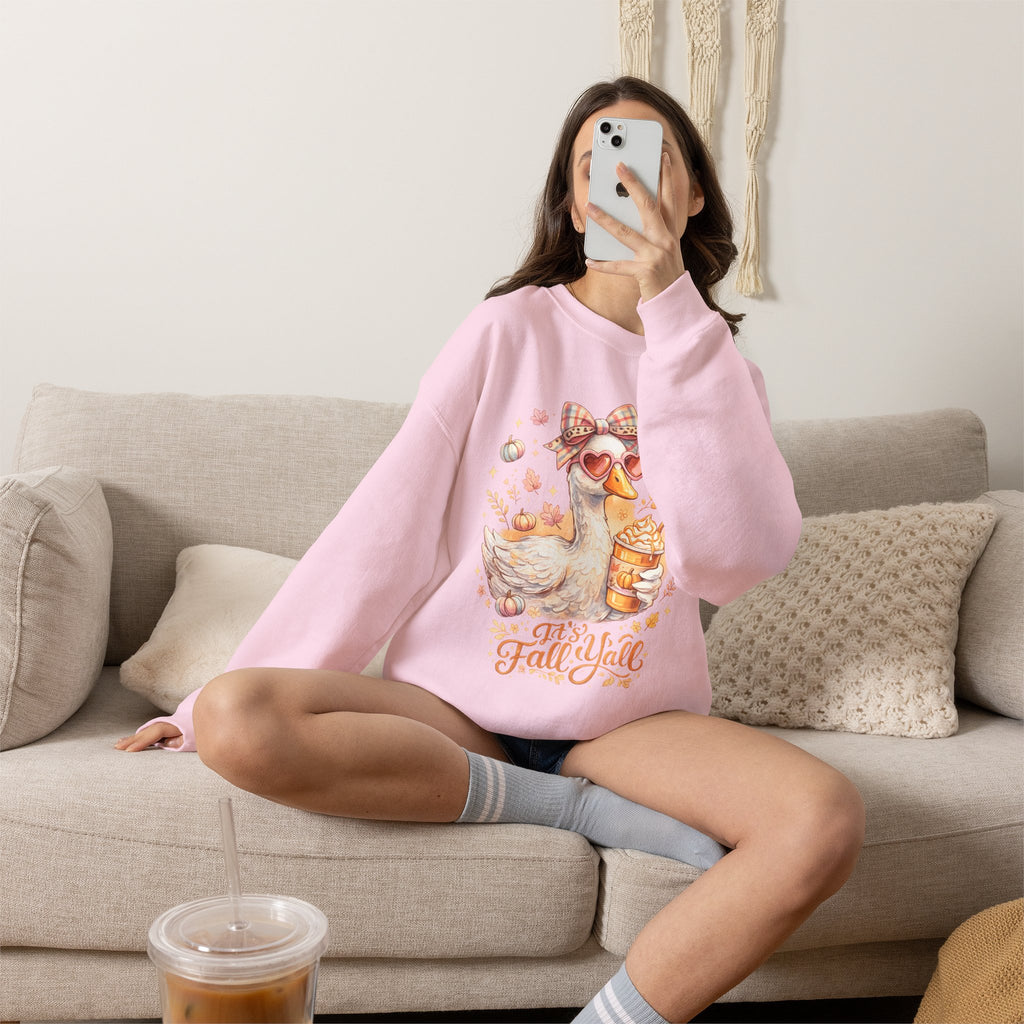 Fall Y'all Duck Crewneck Sweatshirt — Cute Autumn Goose with Pumpkin Spice Cup