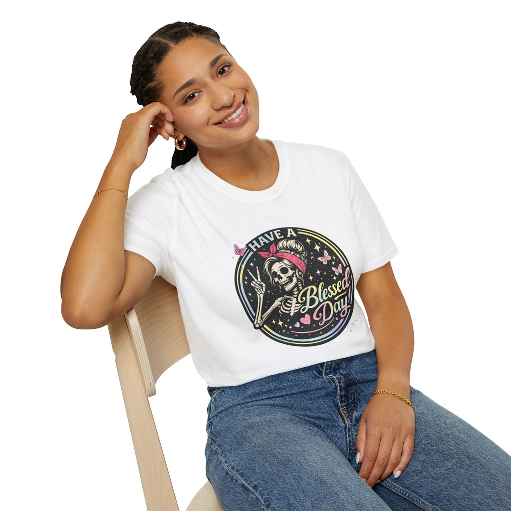 Have a Blessed Day Skull Tee — Retro Floral Skeleton Graphic T-Shirt