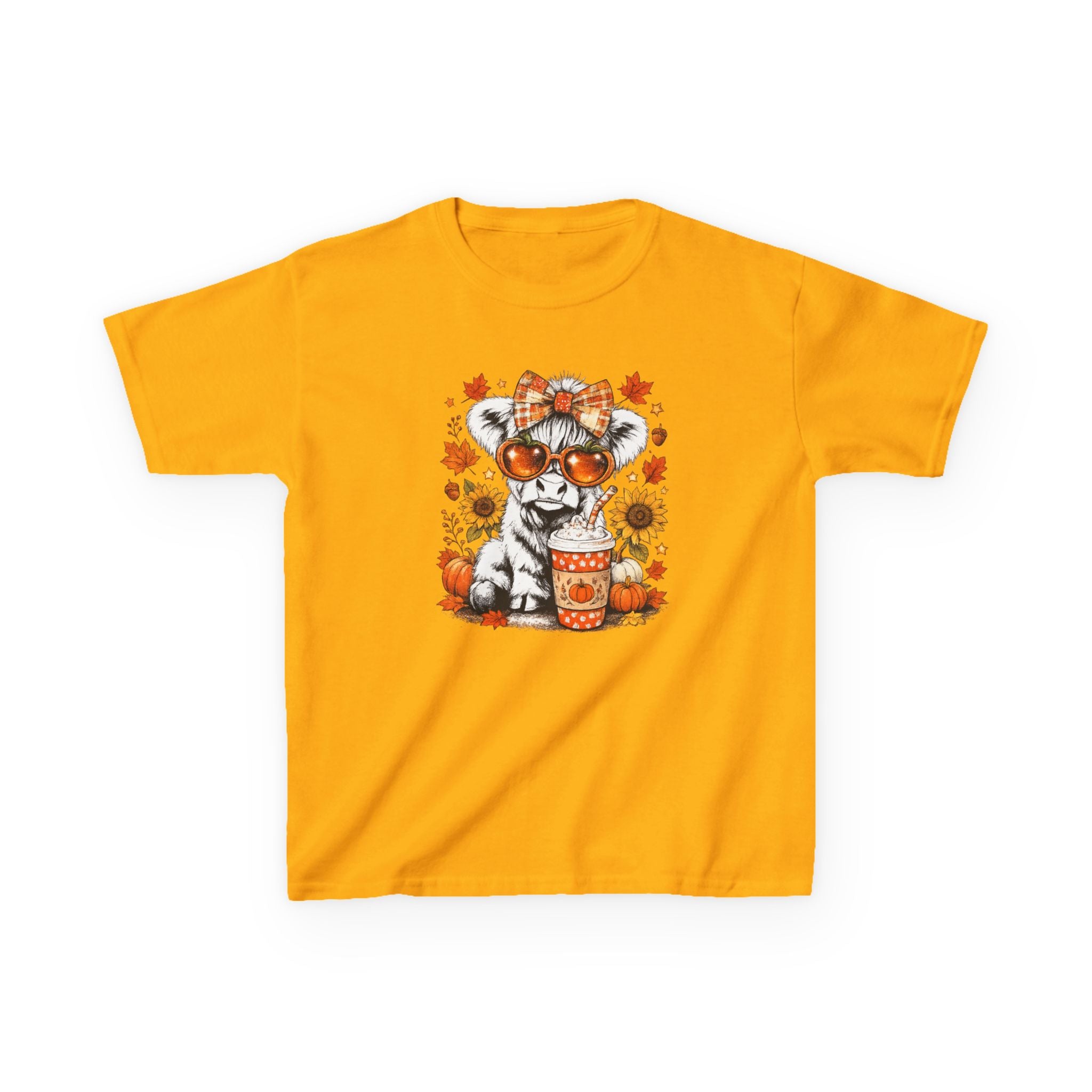 Kids Tee — Autumn Cow with Pumpkin Spice Latte & Sunflowers