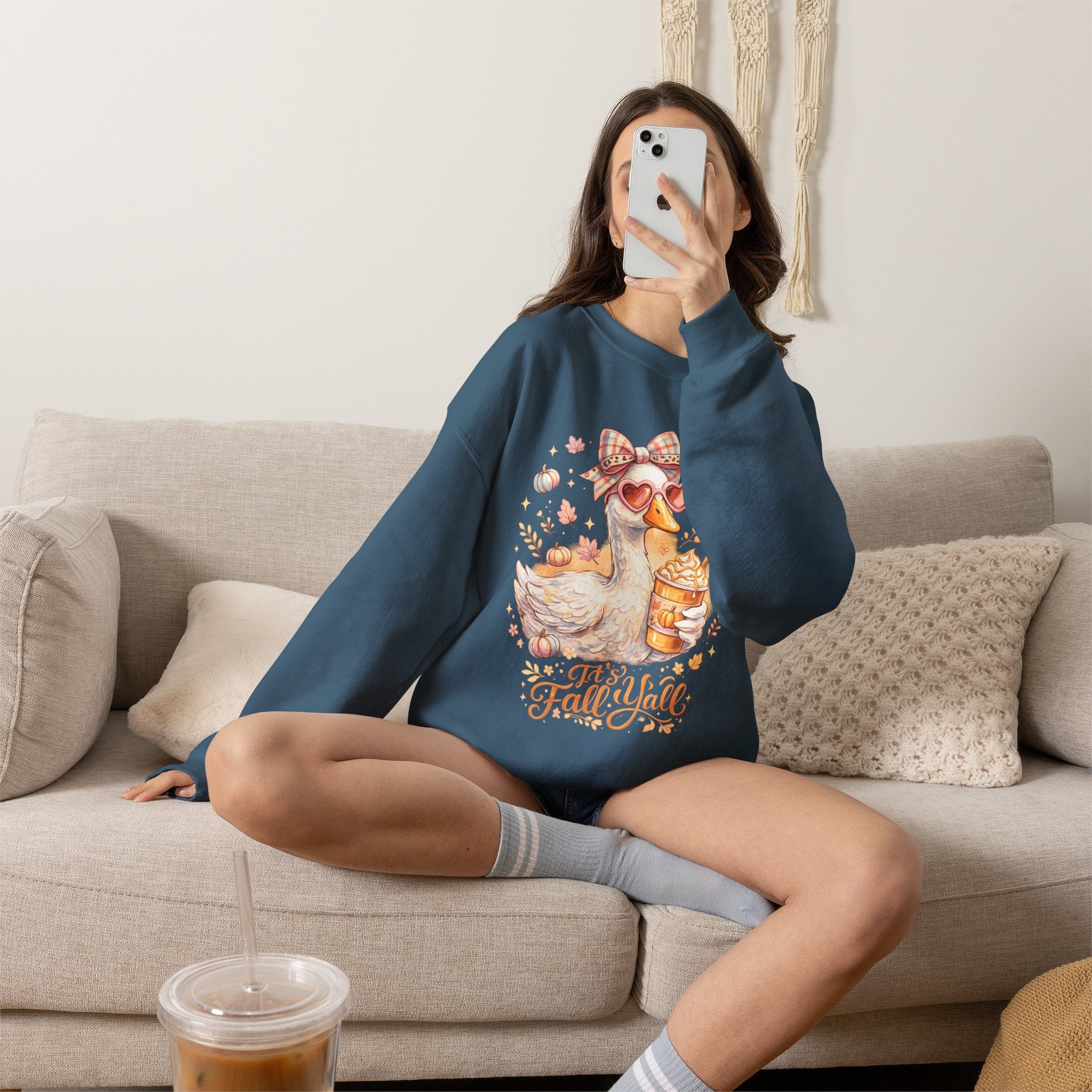 Fall Y'all Duck Crewneck Sweatshirt — Cute Autumn Goose with Pumpkin Spice Cup
