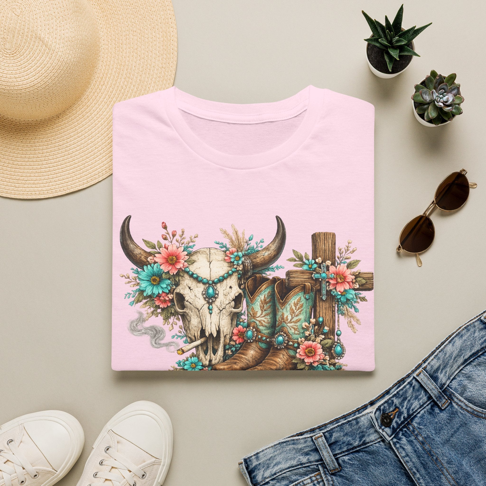 Western Cow Skull Floral T-Shirt — Boho Southwestern Tee
