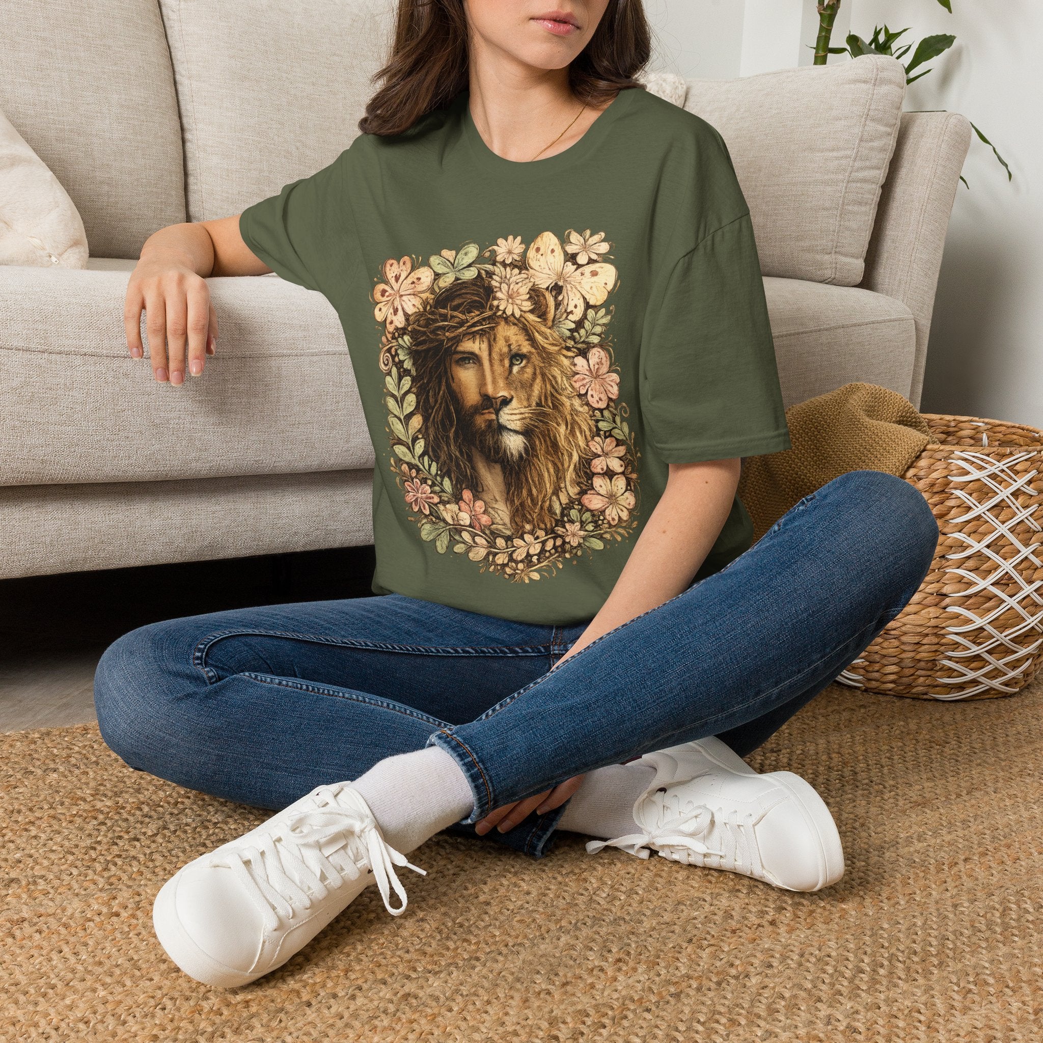 Lion with Floral Crown T-Shirt — Boho Botanical Lion Graphic Tee