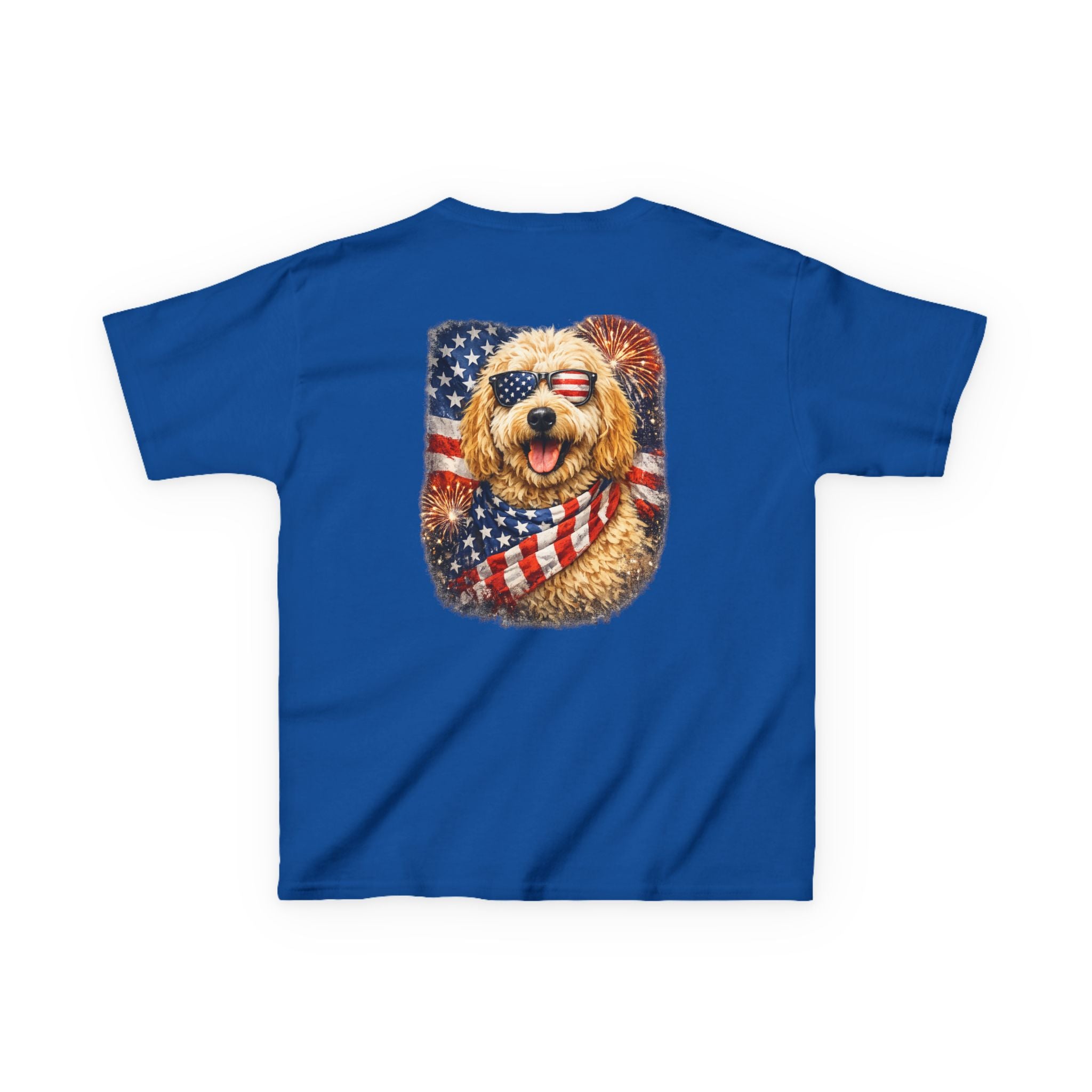 Kids T-Shirt — Patriotic Golden Doodle with American Flag (4th of July, Memorial Day)