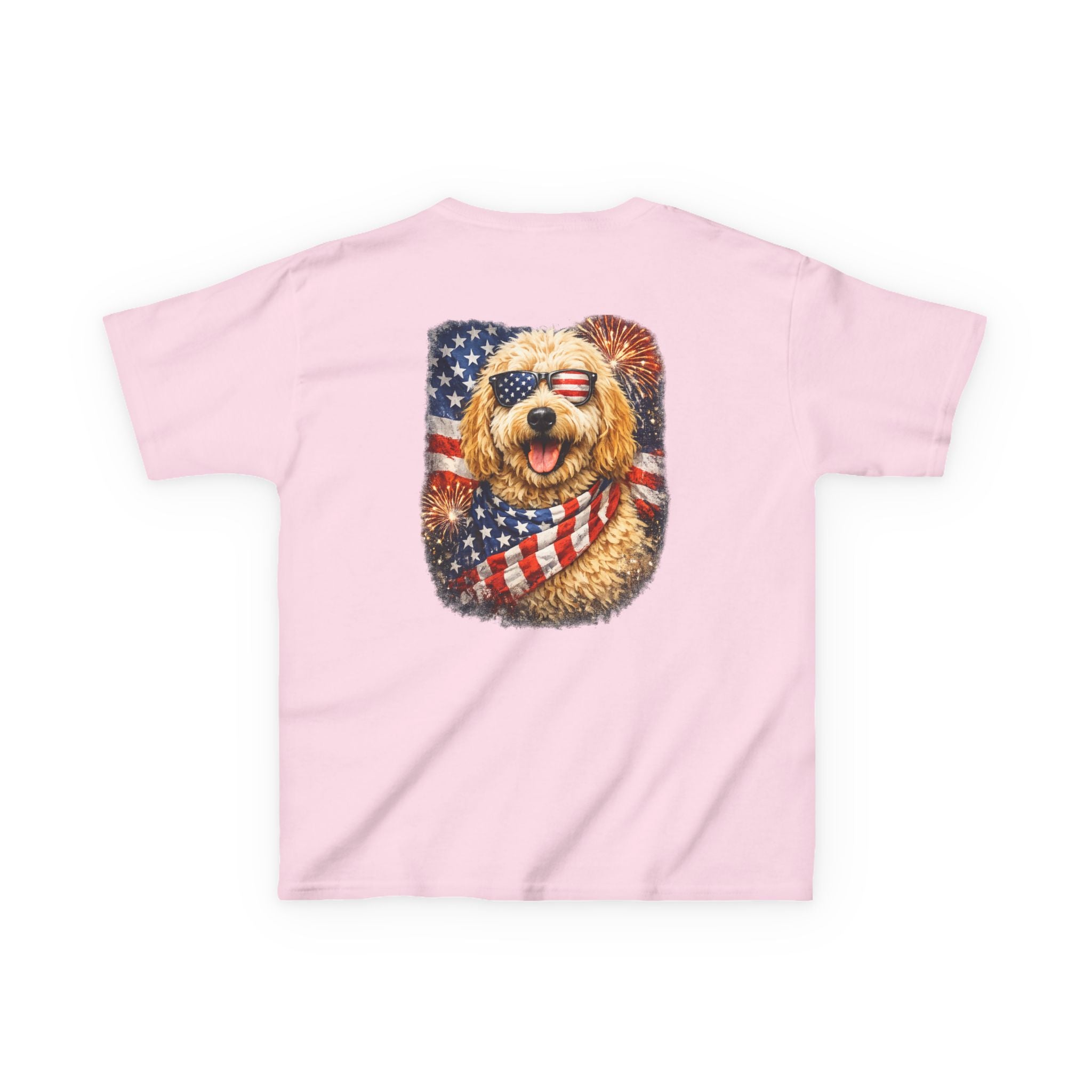 Kids T-Shirt — Patriotic Golden Doodle with American Flag (4th of July, Memorial Day)