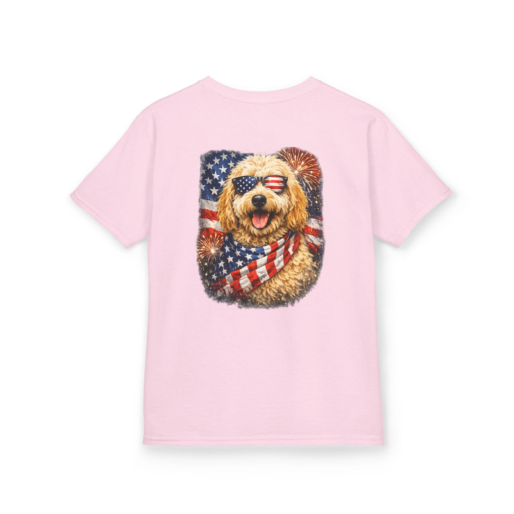 Kids T-Shirt — Patriotic Golden Doodle with American Flag (4th of July, Memorial Day)