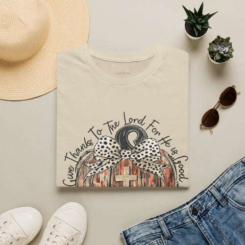Christian Pumpkin T-Shirt — "Give Thanks to The Lord For He is Good" Fall Faith Tee
