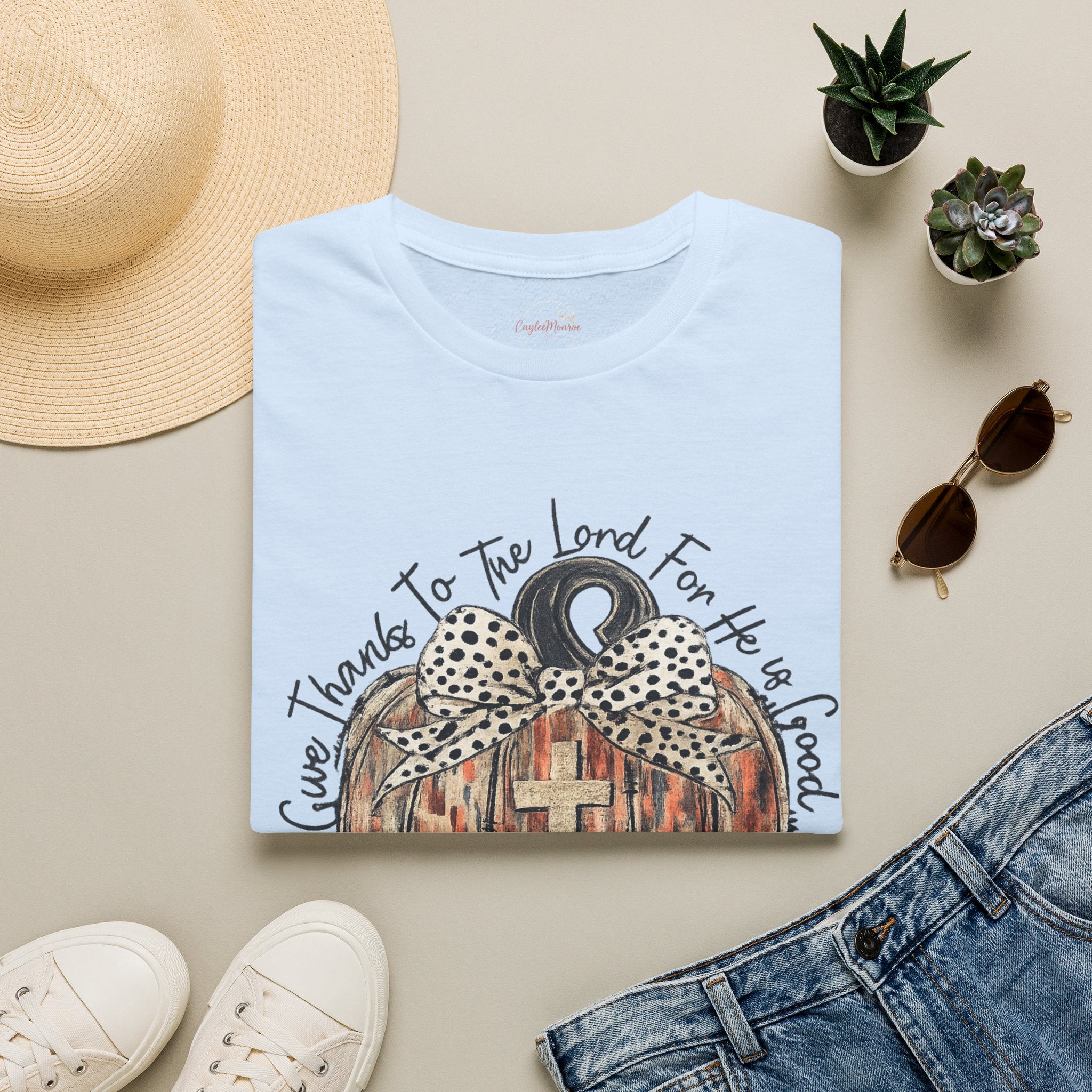 Christian Pumpkin T-Shirt — "Give Thanks to The Lord For He is Good" Fall Faith Tee