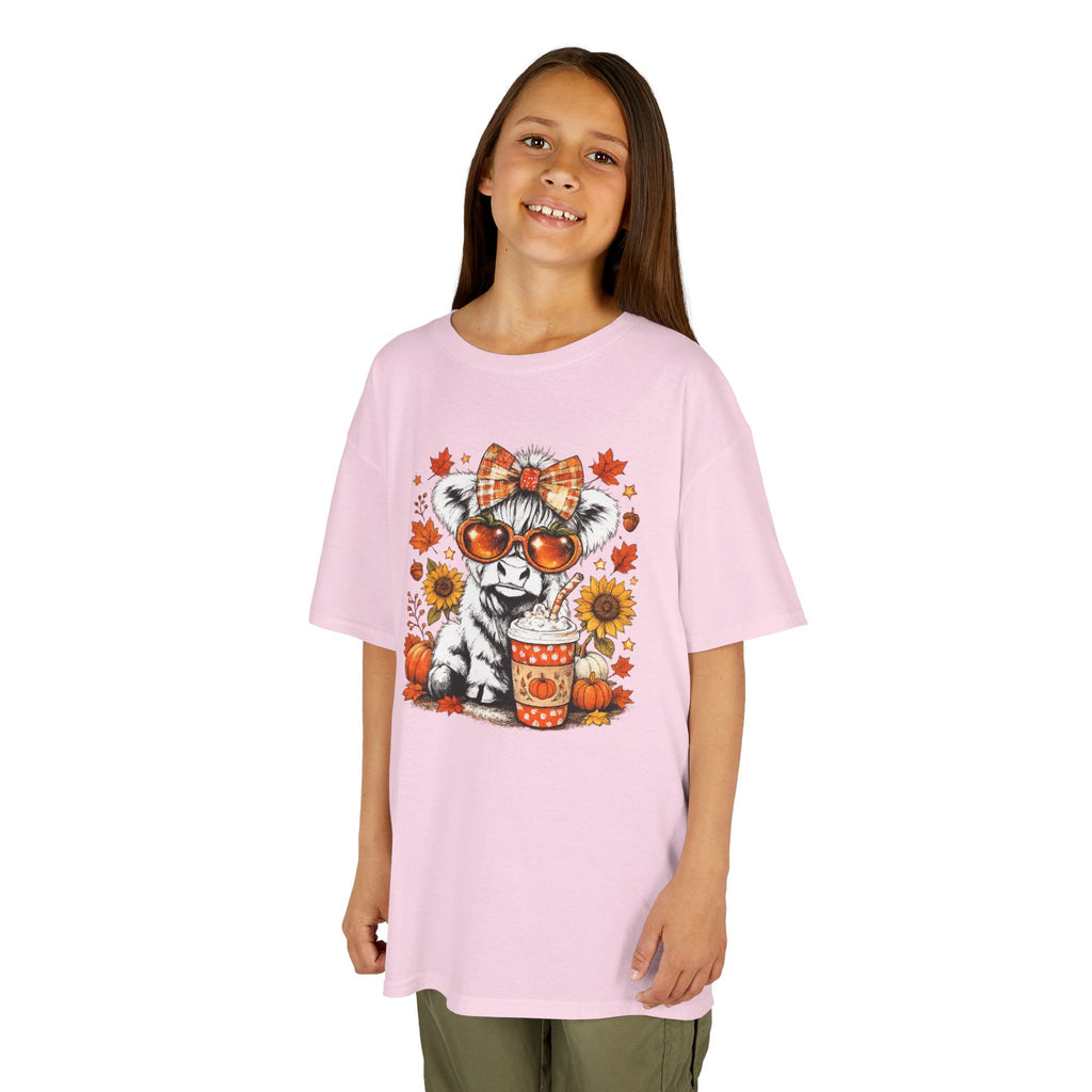 Kids Tee — Autumn Cow with Pumpkin Spice Latte & Sunflowers