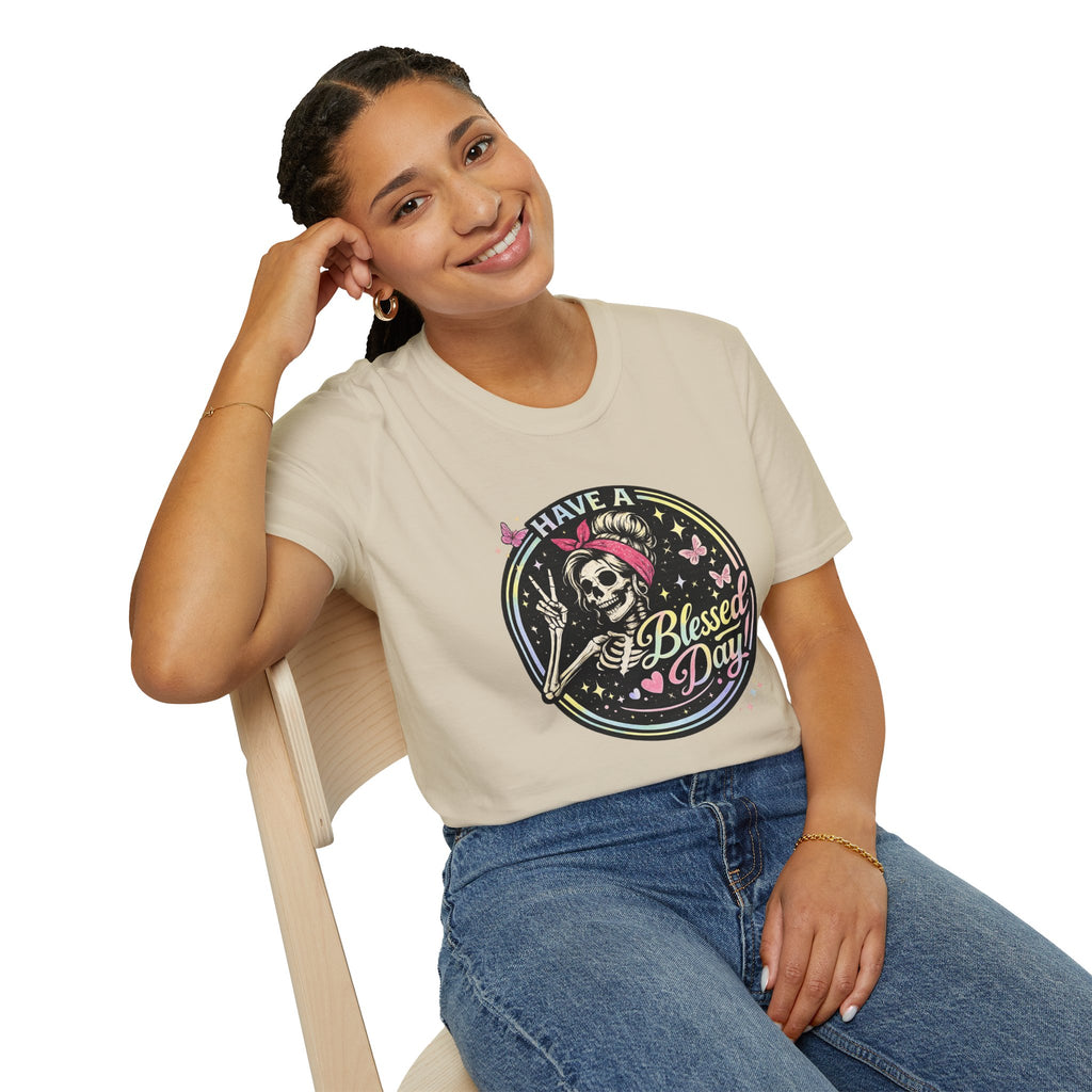 Have a Blessed Day Skull Tee — Retro Floral Skeleton Graphic T-Shirt