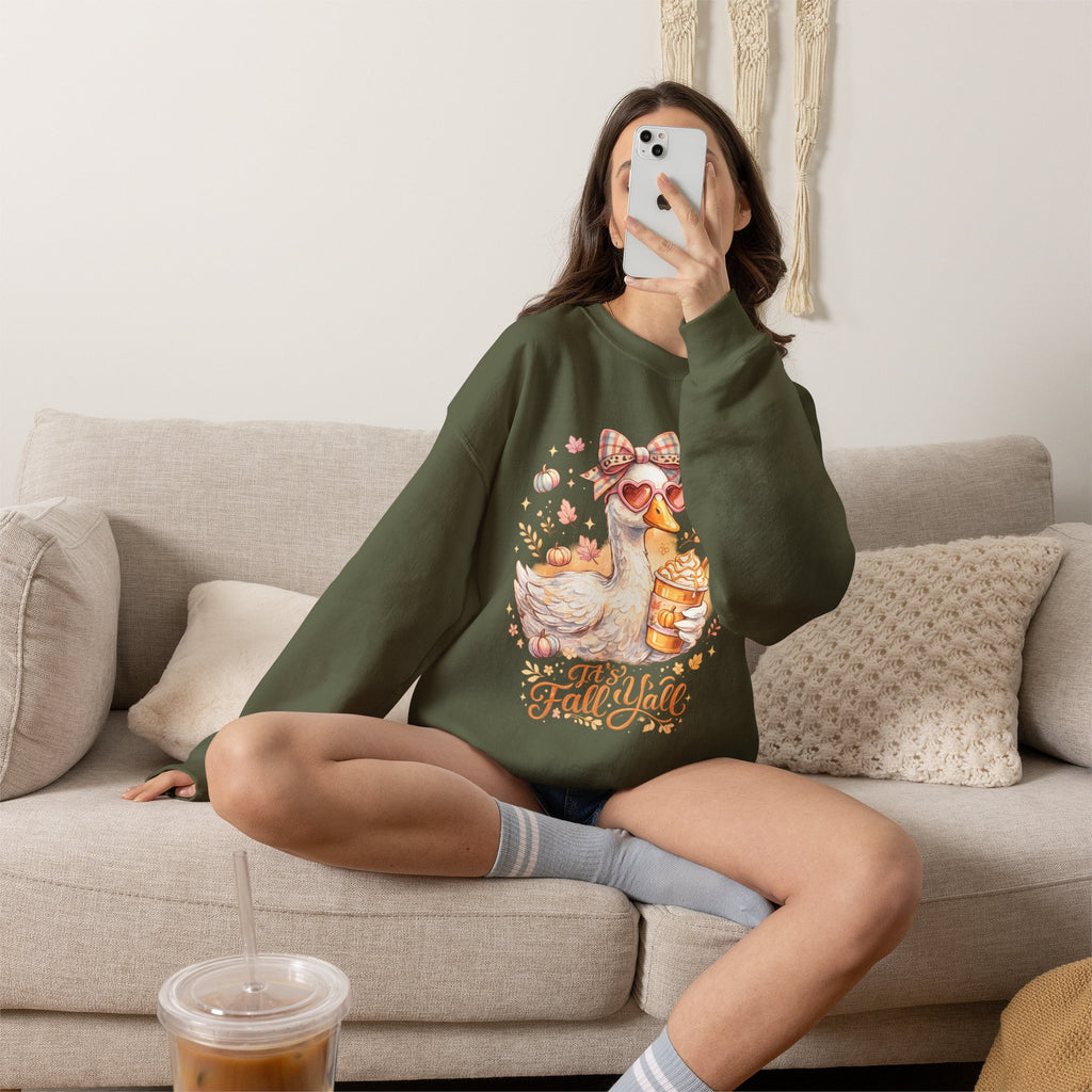 Fall Y'all Duck Crewneck Sweatshirt — Cute Autumn Goose with Pumpkin Spice Cup