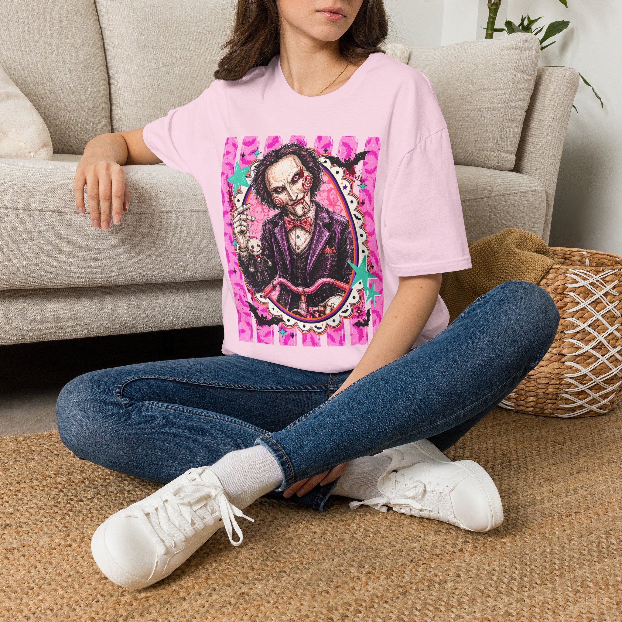 Saw Puppet Graphic T-Shirt — Pink Horror Movie Pinhead Design
