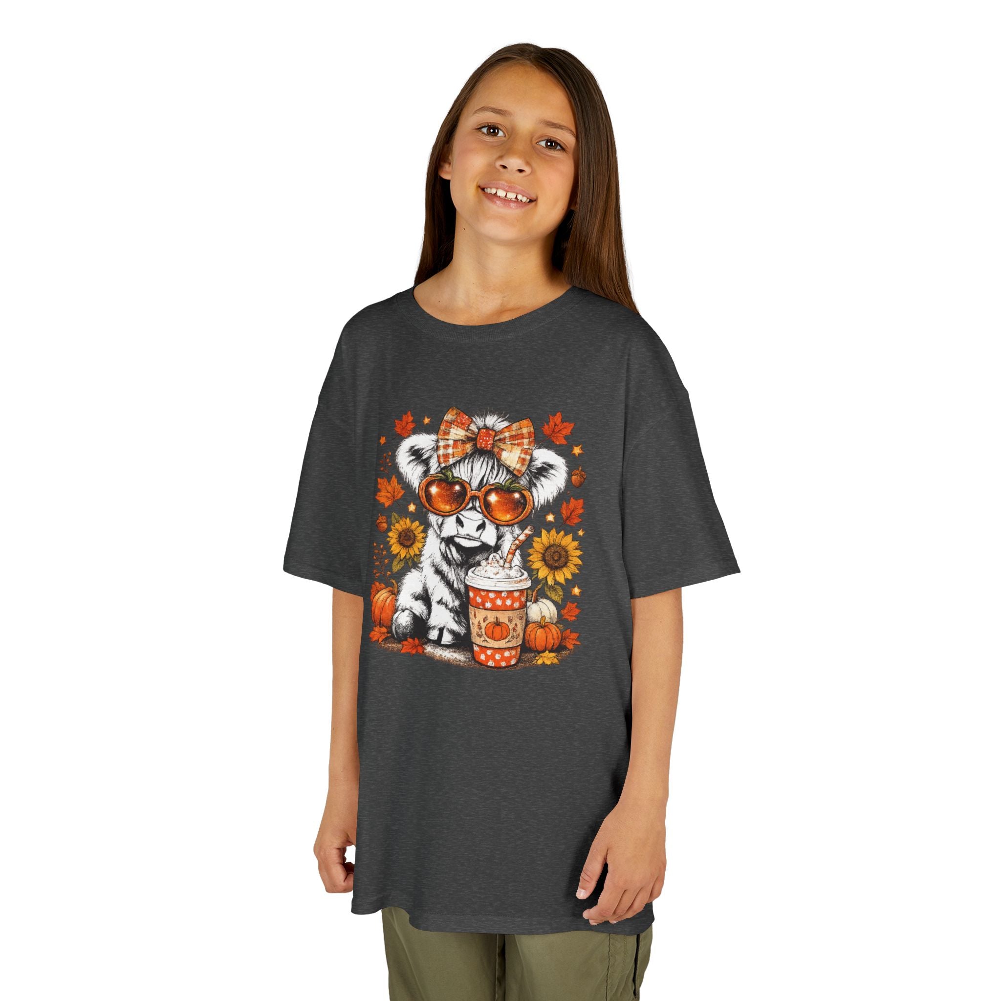 Kids Tee — Autumn Cow with Pumpkin Spice Latte & Sunflowers