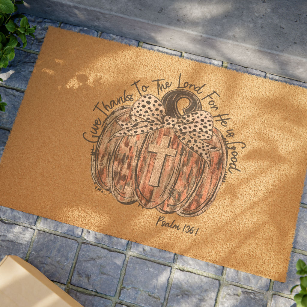 Blessed Pumpkin Doormat – Fall Welcome Mat with Cross & 'Give Thanks to the Lord' Design
