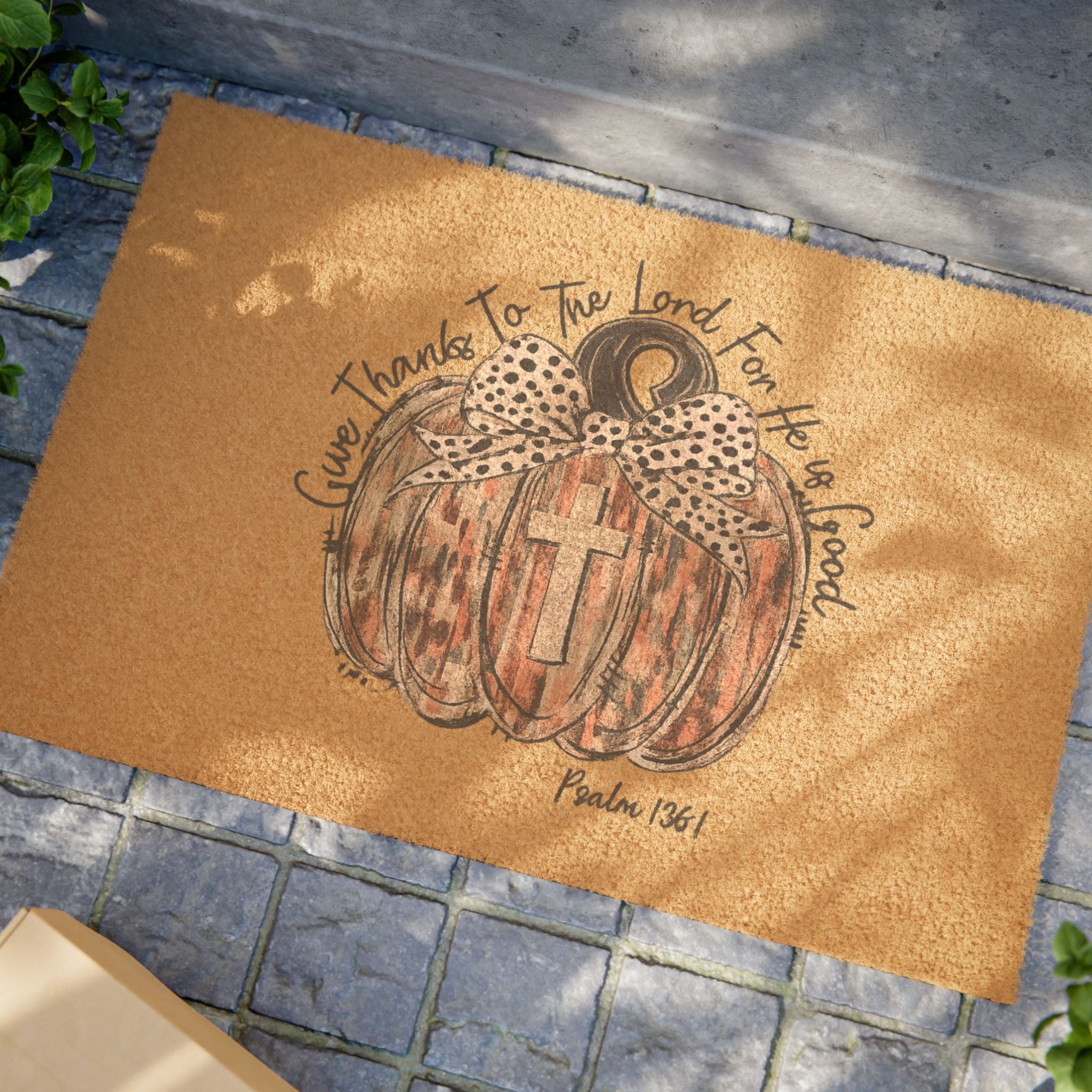 Blessed Pumpkin Doormat – Fall Welcome Mat with Cross & 'Give Thanks to the Lord' Design