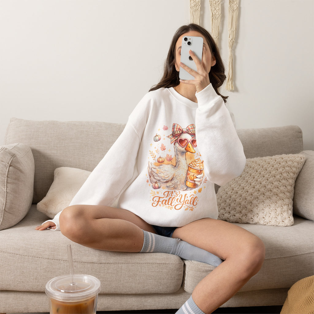 Fall Y'all Duck Crewneck Sweatshirt — Cute Autumn Goose with Pumpkin Spice Cup