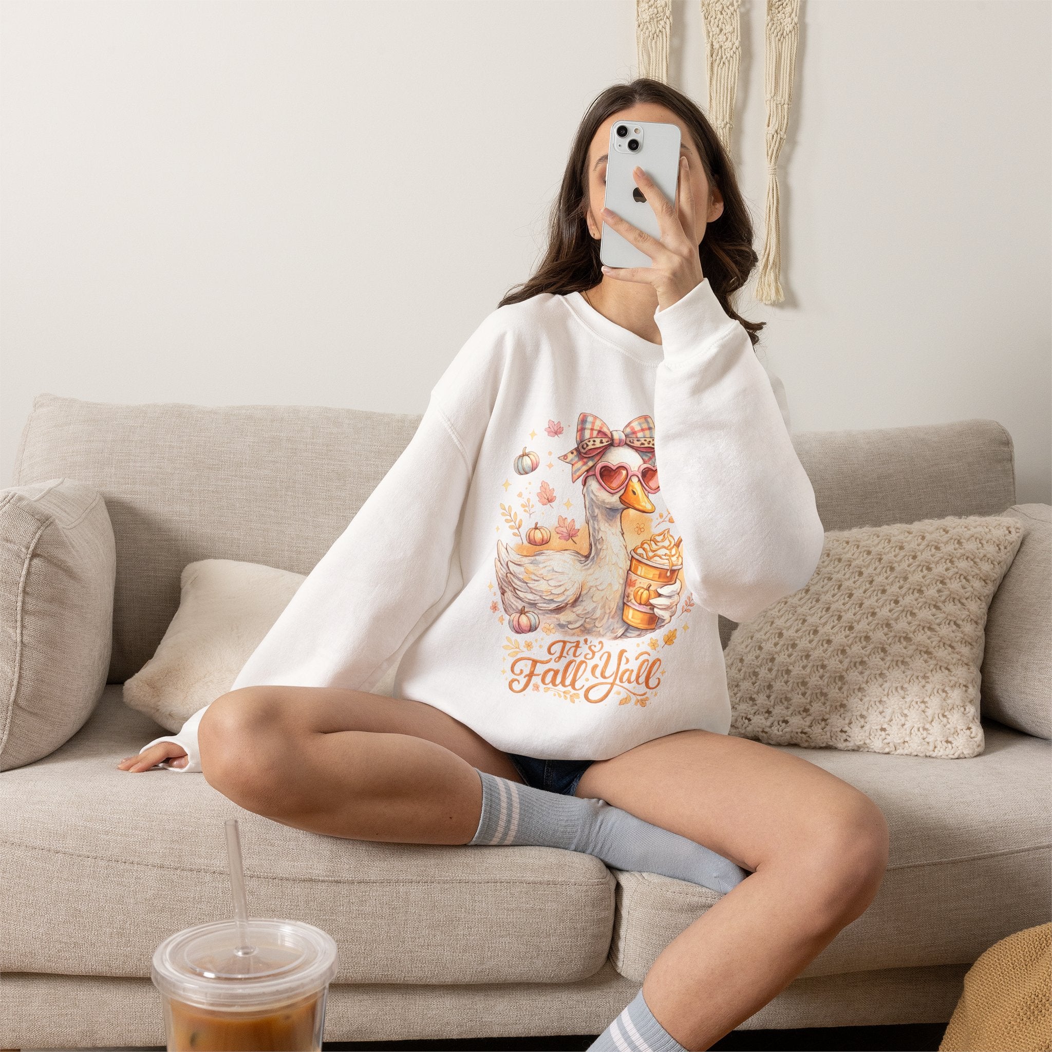 Fall Y'all Duck Crewneck Sweatshirt — Cute Autumn Goose with Pumpkin Spice Cup