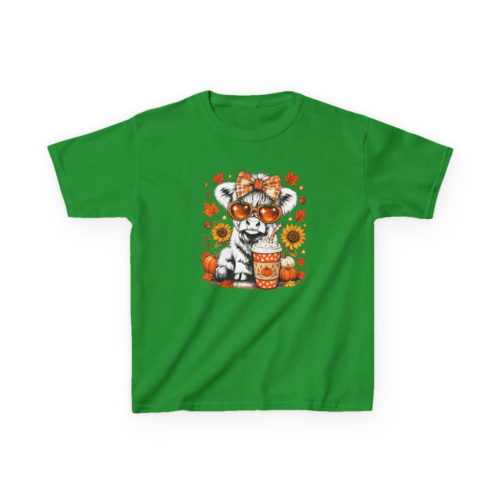 Kids Tee — Autumn Cow with Pumpkin Spice Latte & Sunflowers
