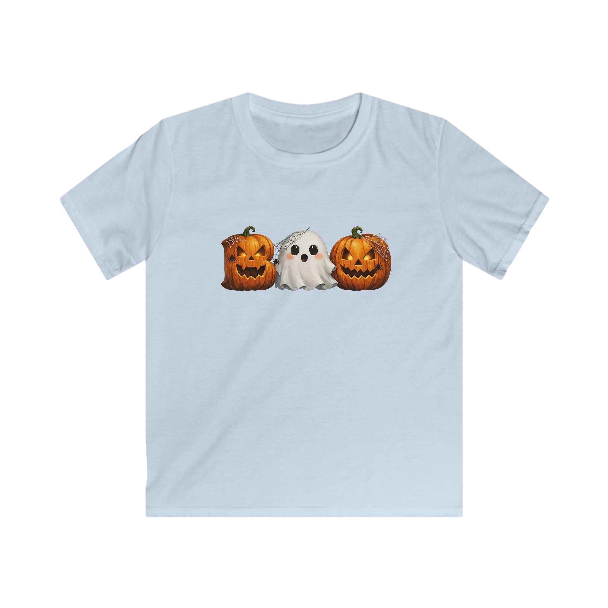 Kids Halloween Tee — Ghost Between Jack-O’-Lanterns