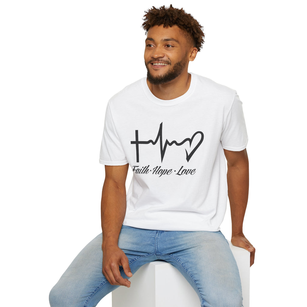 Faith Hope Love T-Shirt — Cross, Heartbeat & Heart Graphic Tee