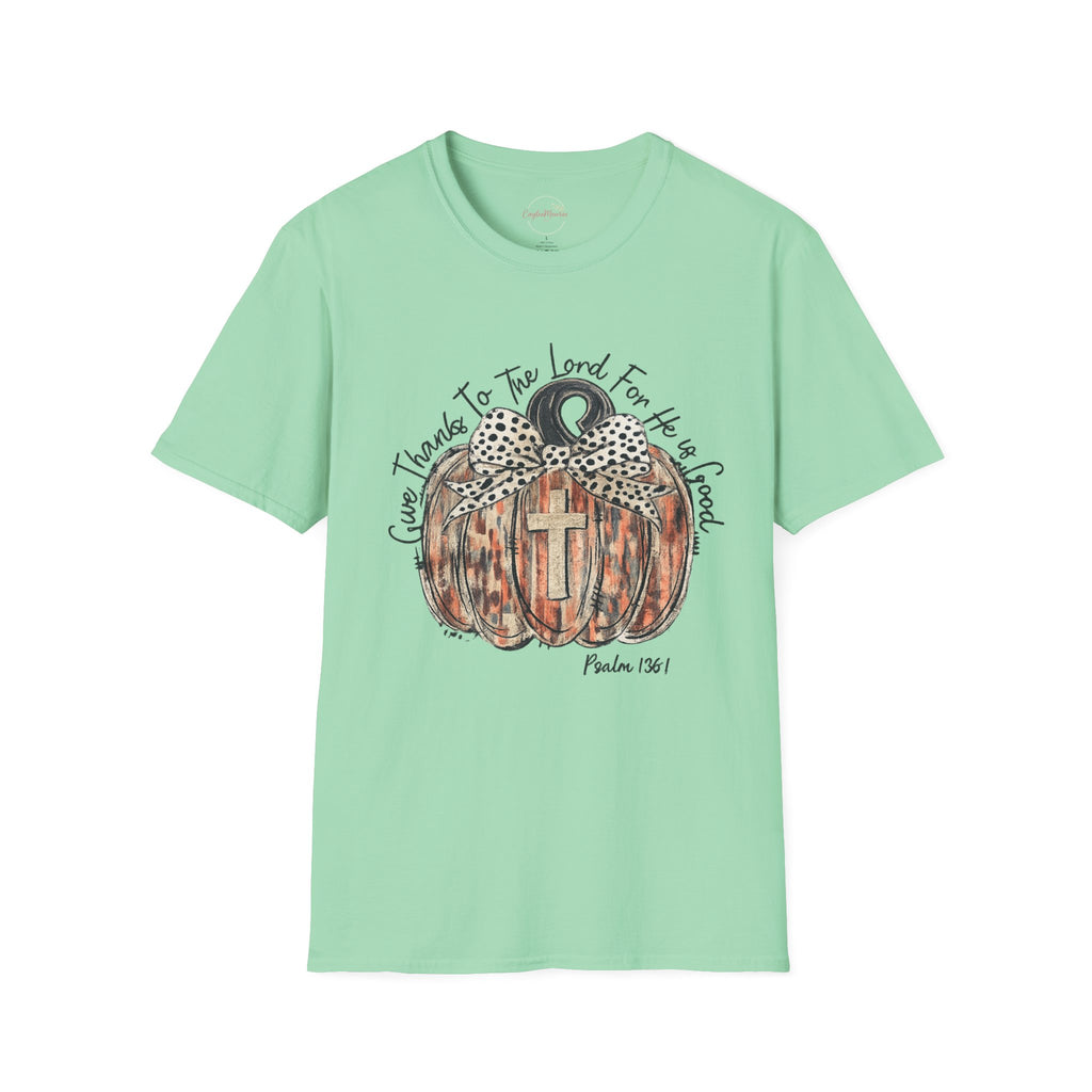 Christian Pumpkin T-Shirt — "Give Thanks to The Lord For He is Good" Fall Faith Tee