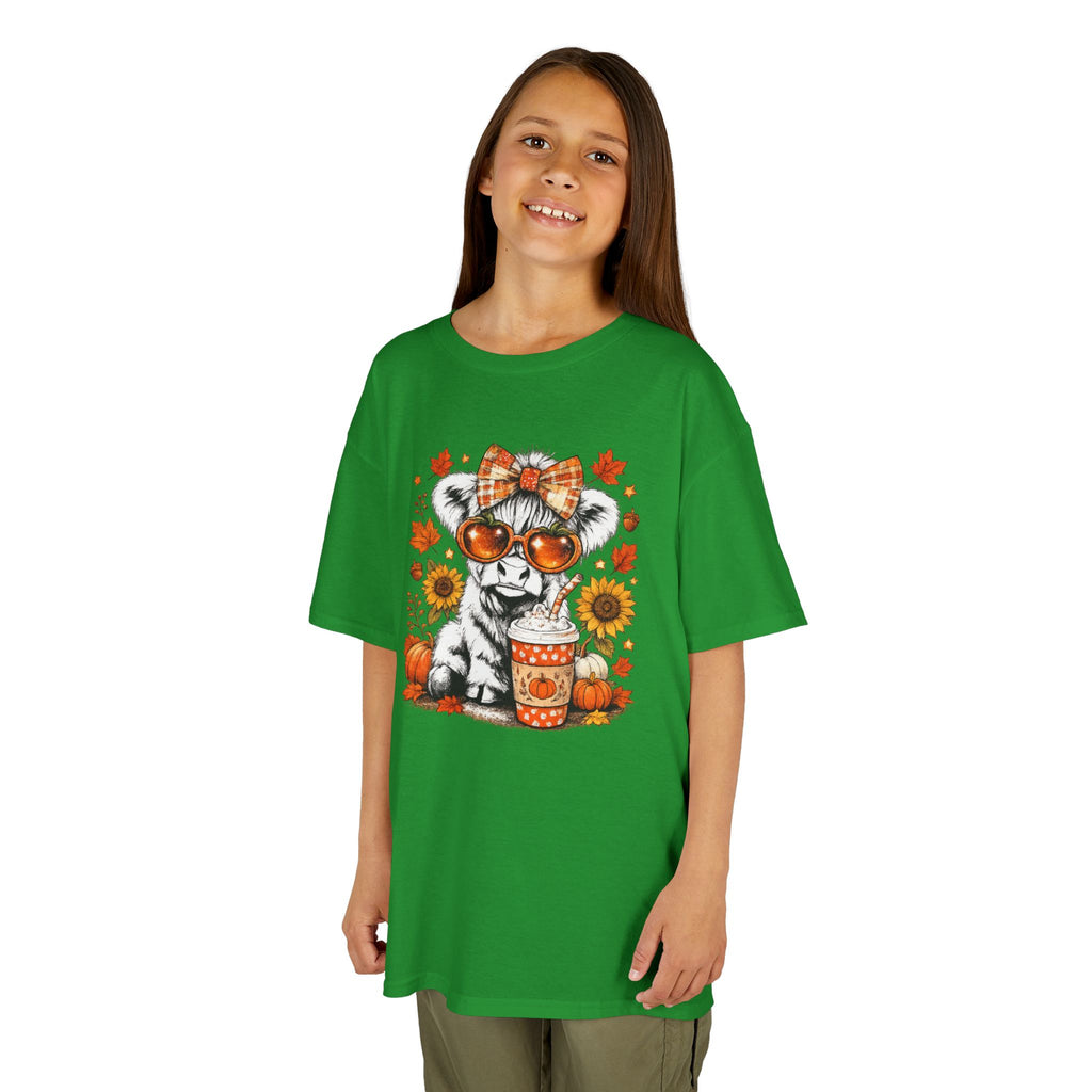 Kids Tee — Autumn Cow with Pumpkin Spice Latte & Sunflowers