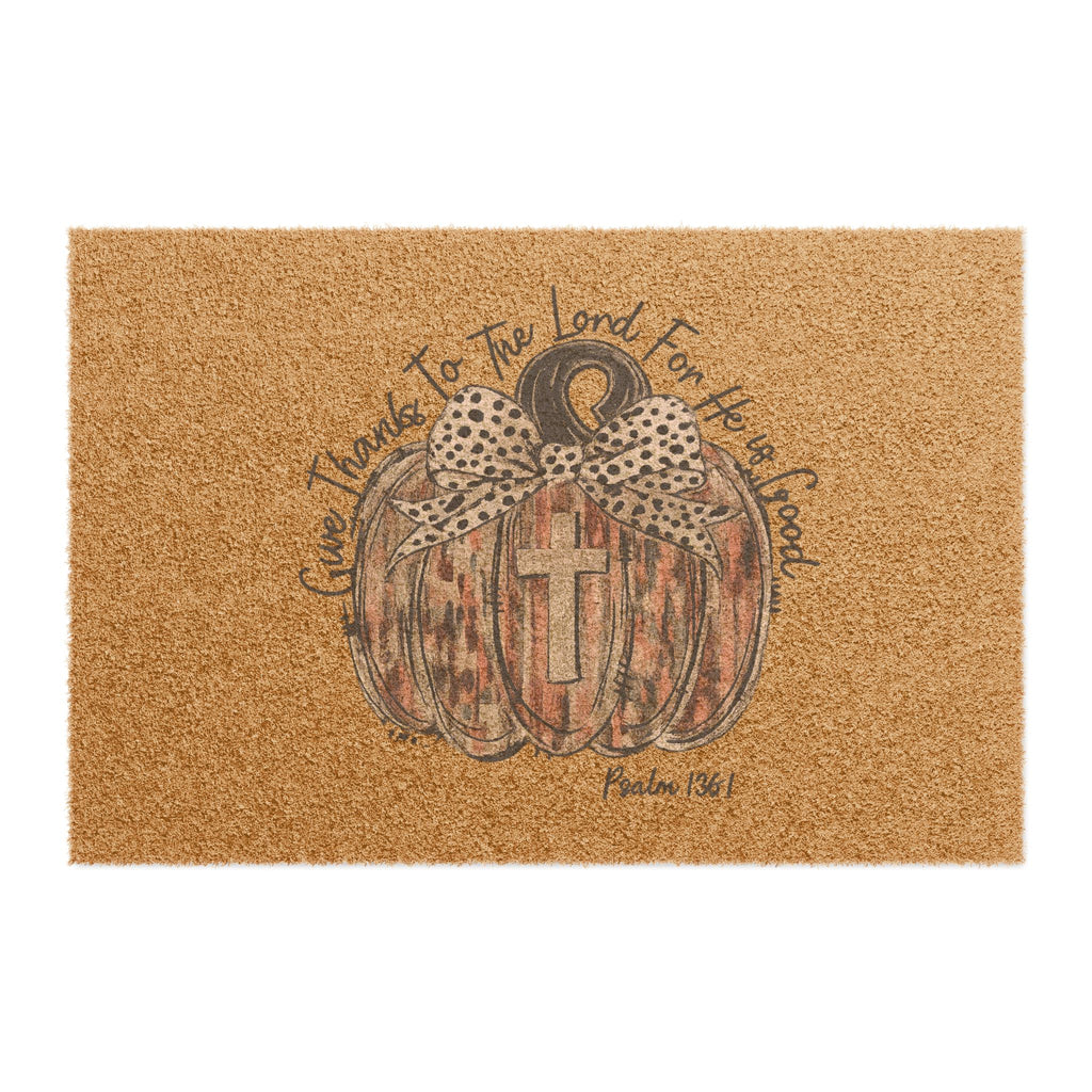 Blessed Pumpkin Doormat – Fall Welcome Mat with Cross & 'Give Thanks to the Lord' Design