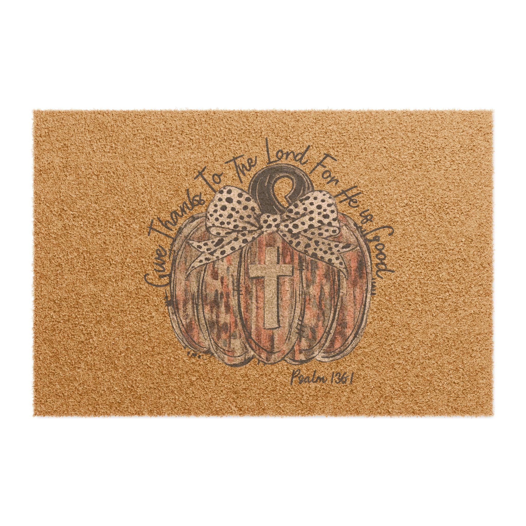 Blessed Pumpkin Doormat – Fall Welcome Mat with Cross & 'Give Thanks to the Lord' Design