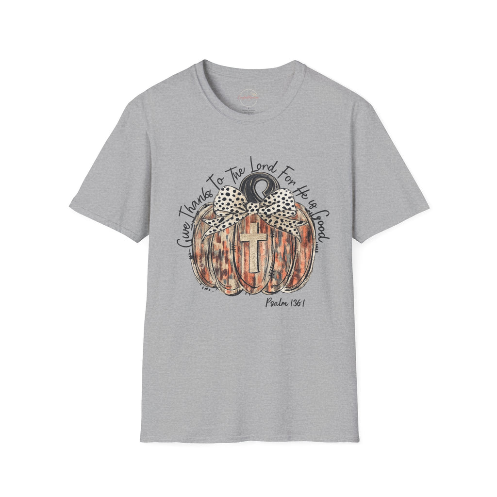 Christian Pumpkin T-Shirt — "Give Thanks to The Lord For He is Good" Fall Faith Tee