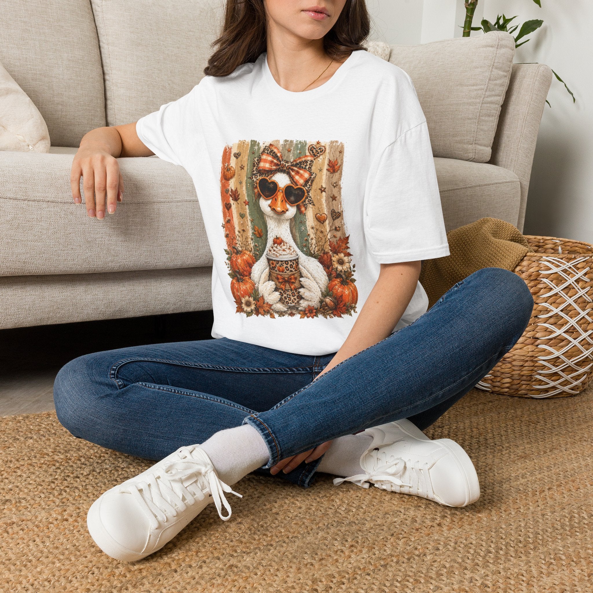 Autumn Goat Graphic T-Shirt — Cute Heart Sunglasses Fall Tee