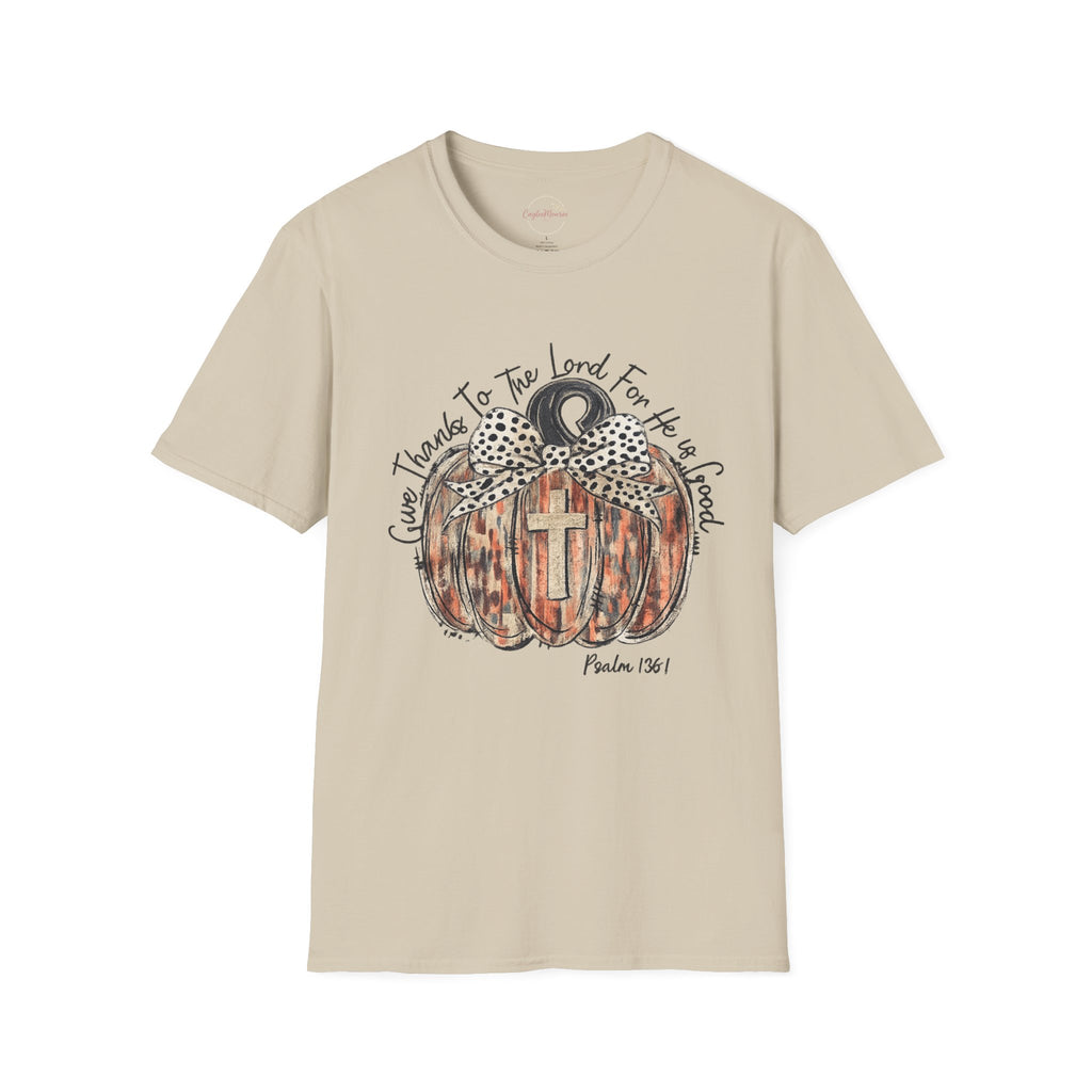 Christian Pumpkin T-Shirt — "Give Thanks to The Lord For He is Good" Fall Faith Tee