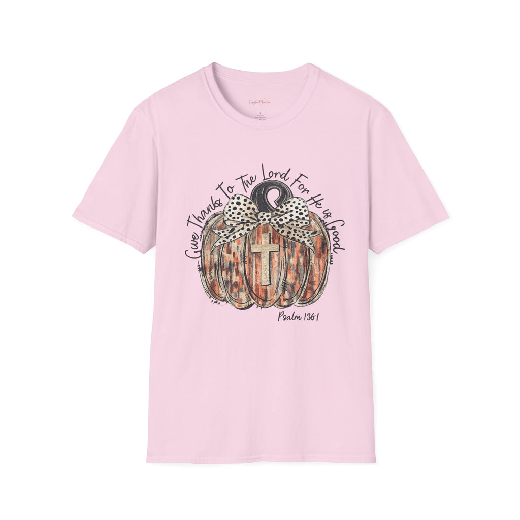 Christian Pumpkin T-Shirt — "Give Thanks to The Lord For He is Good" Fall Faith Tee