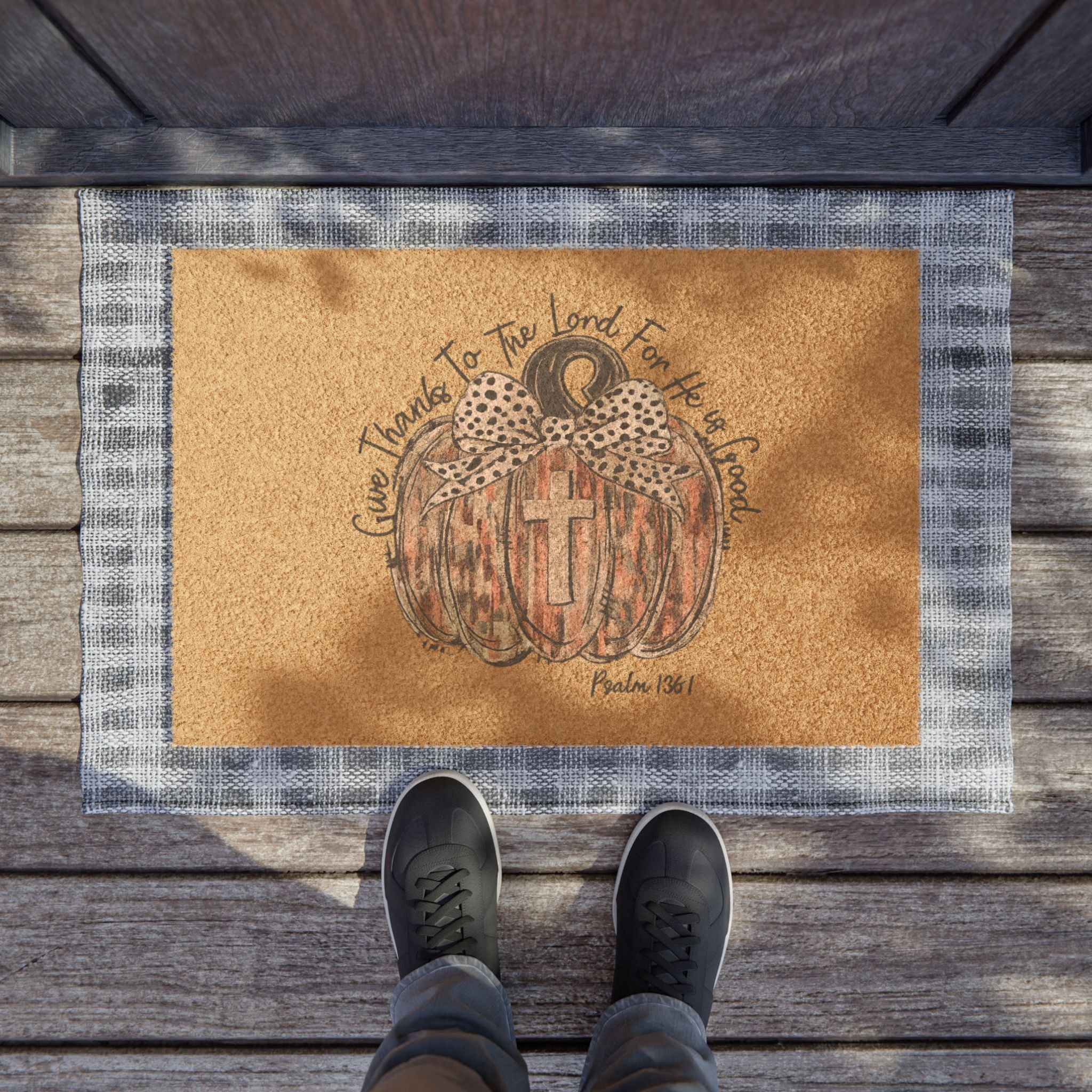 Blessed Pumpkin Doormat – Fall Welcome Mat with Cross & 'Give Thanks to the Lord' Design