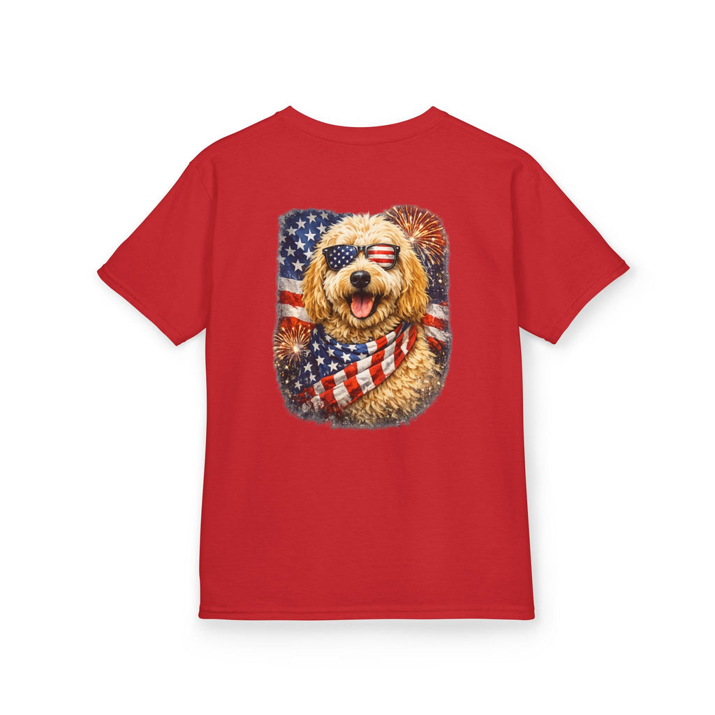 Kids T-Shirt — Patriotic Golden Doodle with American Flag (4th of July, Memorial Day)